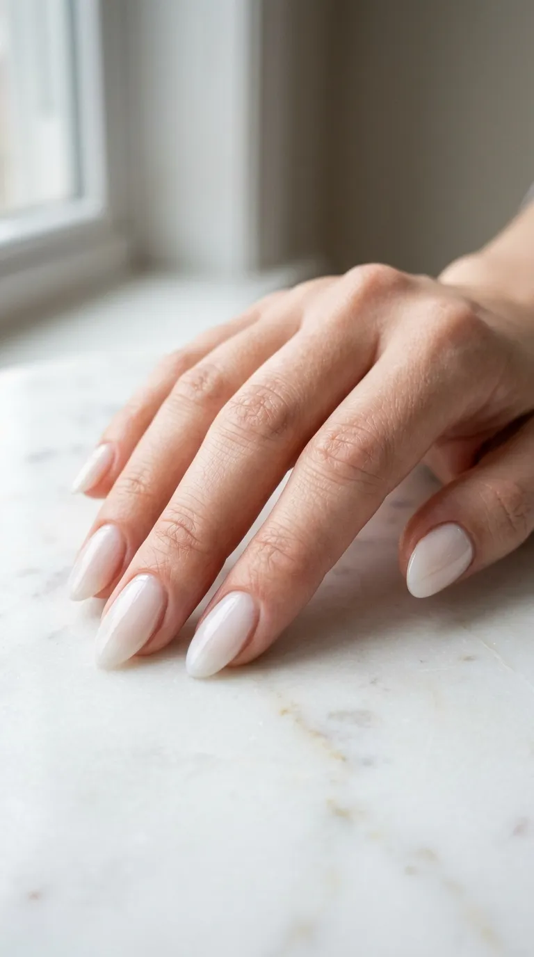 Illustrative design image: oval nails in a milky white finish