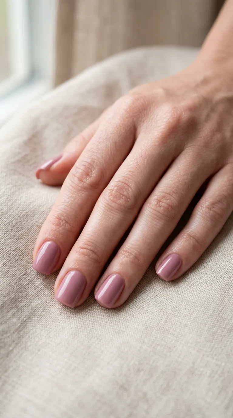 Illustrative design image: short square nails in a soft mauve-rose color