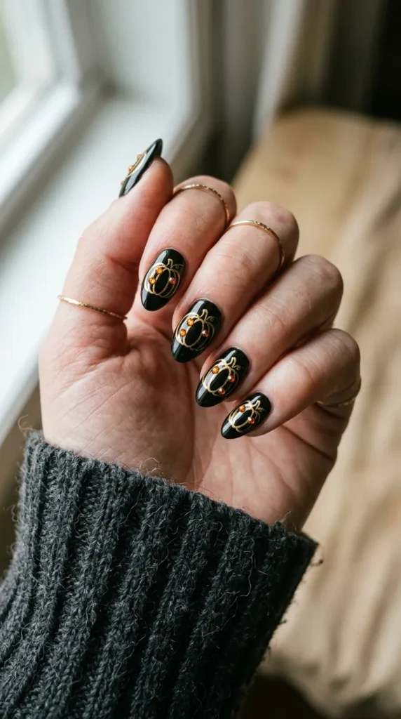 Black nail with a gold pumpkin outline studded with small orange crystals