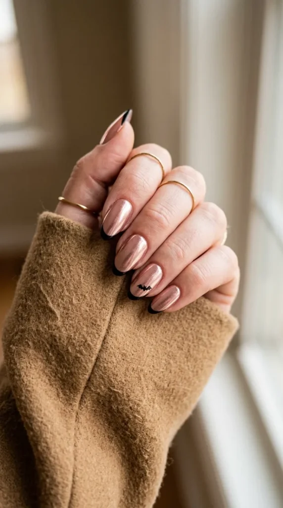 Rose gold chrome nails with black tips and one tiny bat