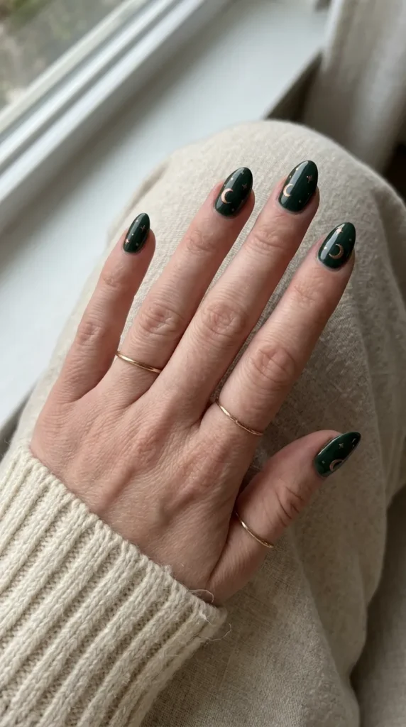 Dark green nail with a copper crescent moon and tiny dot stars