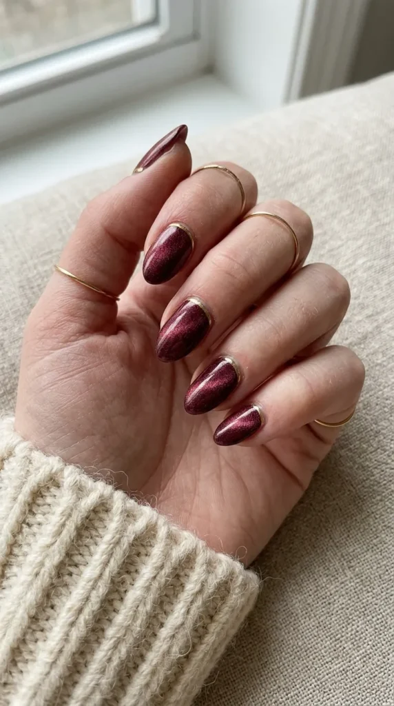 Burgundy velvet-effect nails with a thin gold line at the cuticle