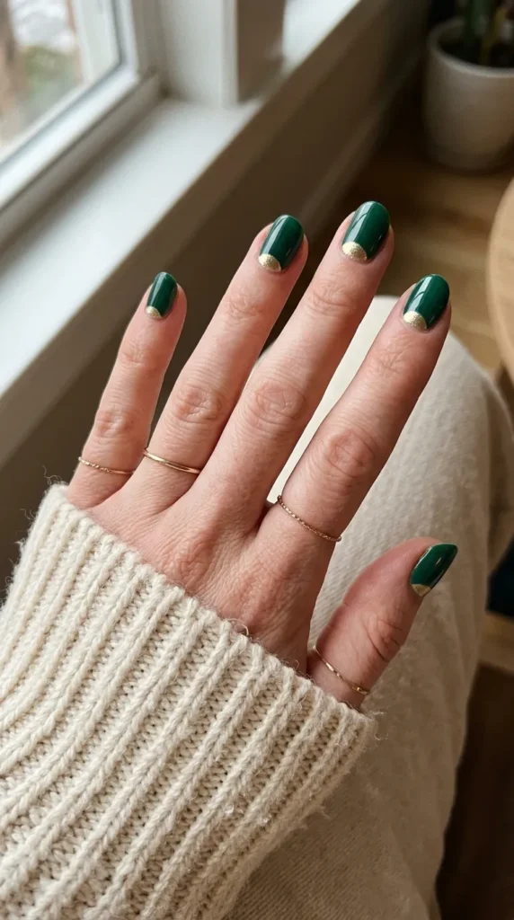 glam halloween nails: deep emerald green nails with gold half-moon detail at the cuticle