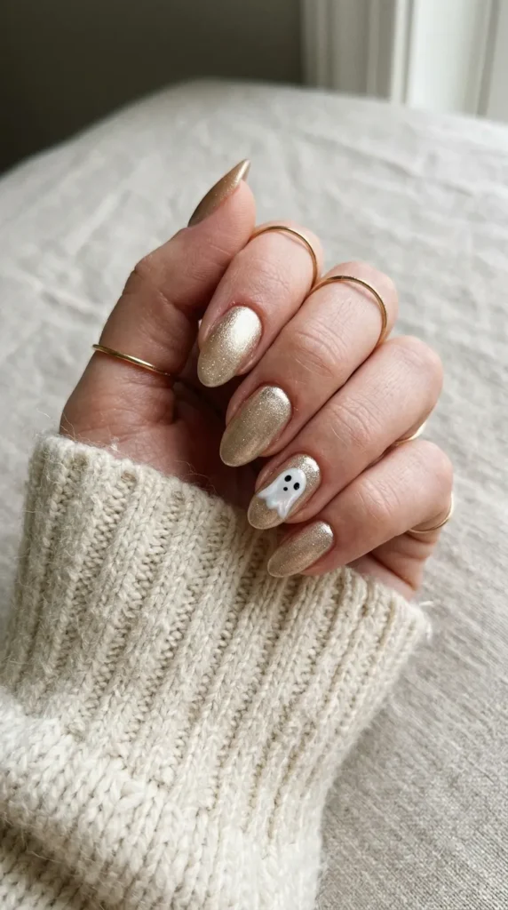 Champagne gold nail with a small pearly white ghost with black dot eyes