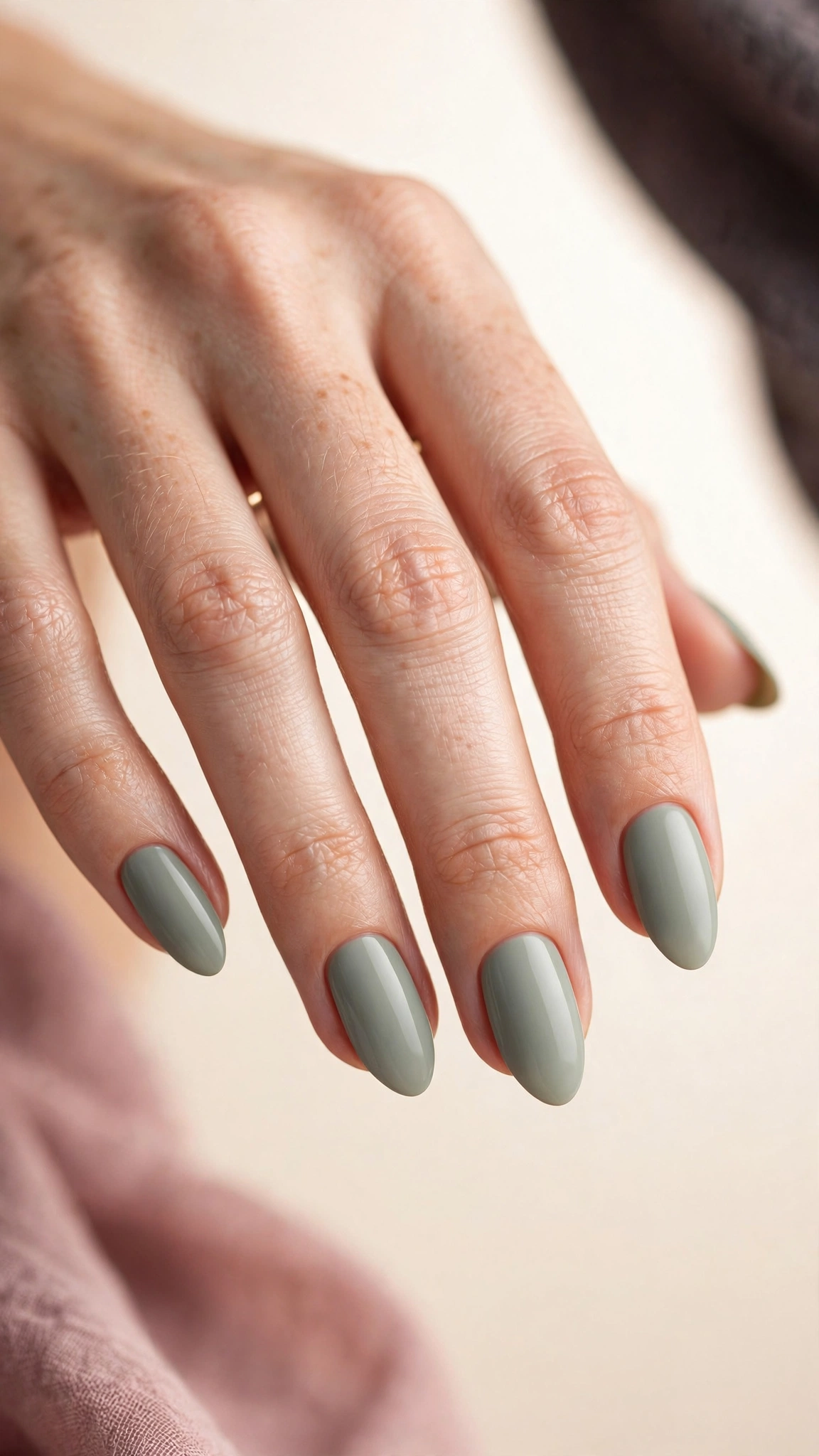 Soft sage green solid manicure on almond-shaped nails