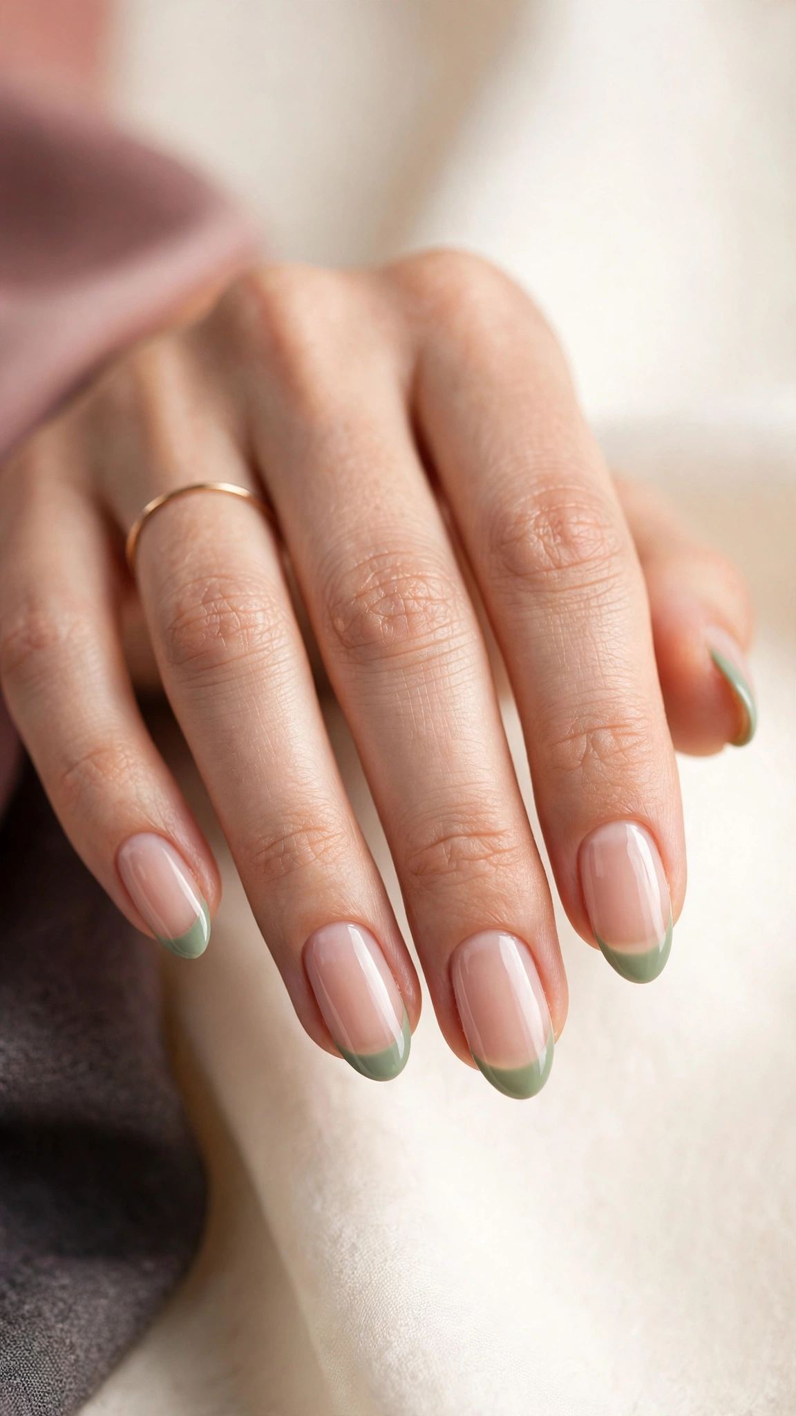 Sage green French tip nails on nude base