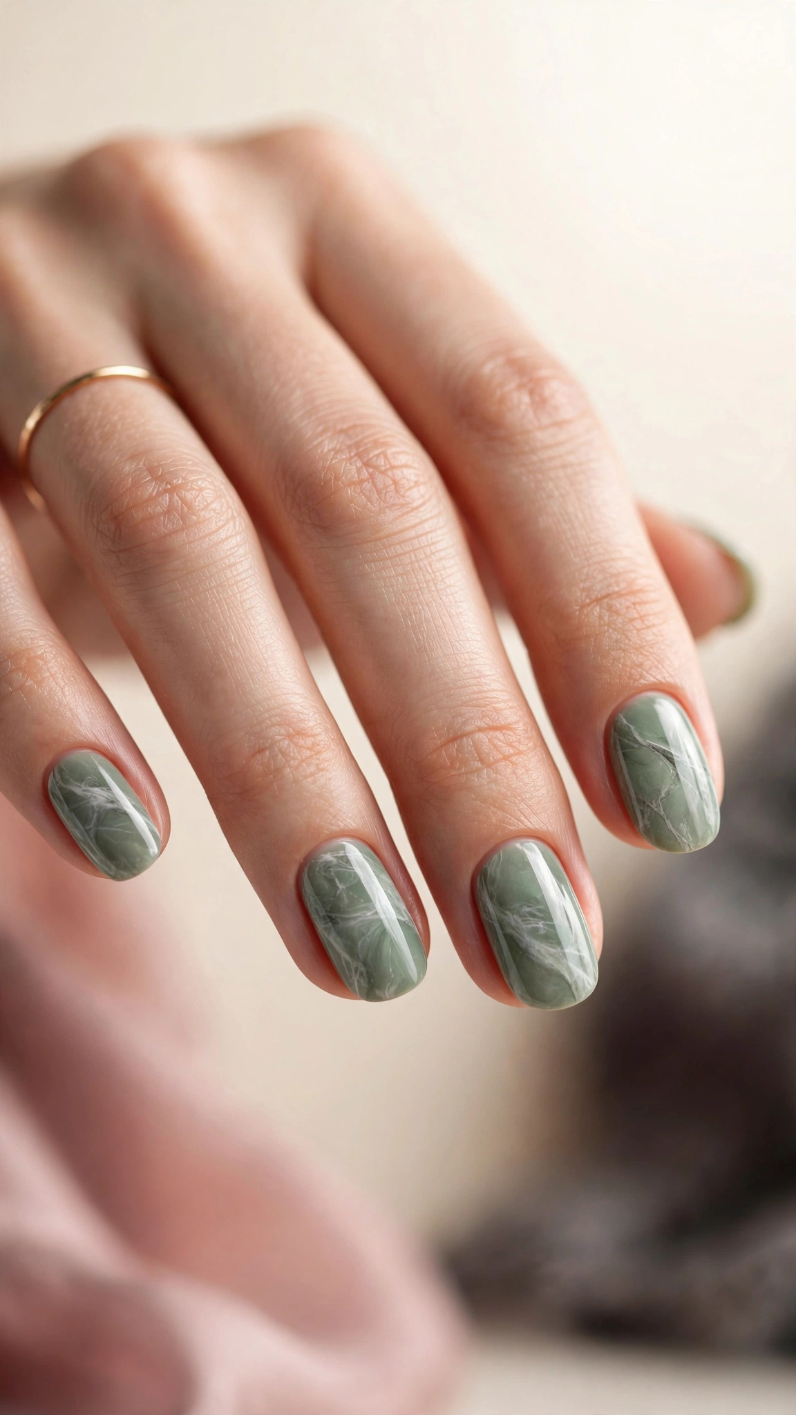 Sage green marble nails with white veining