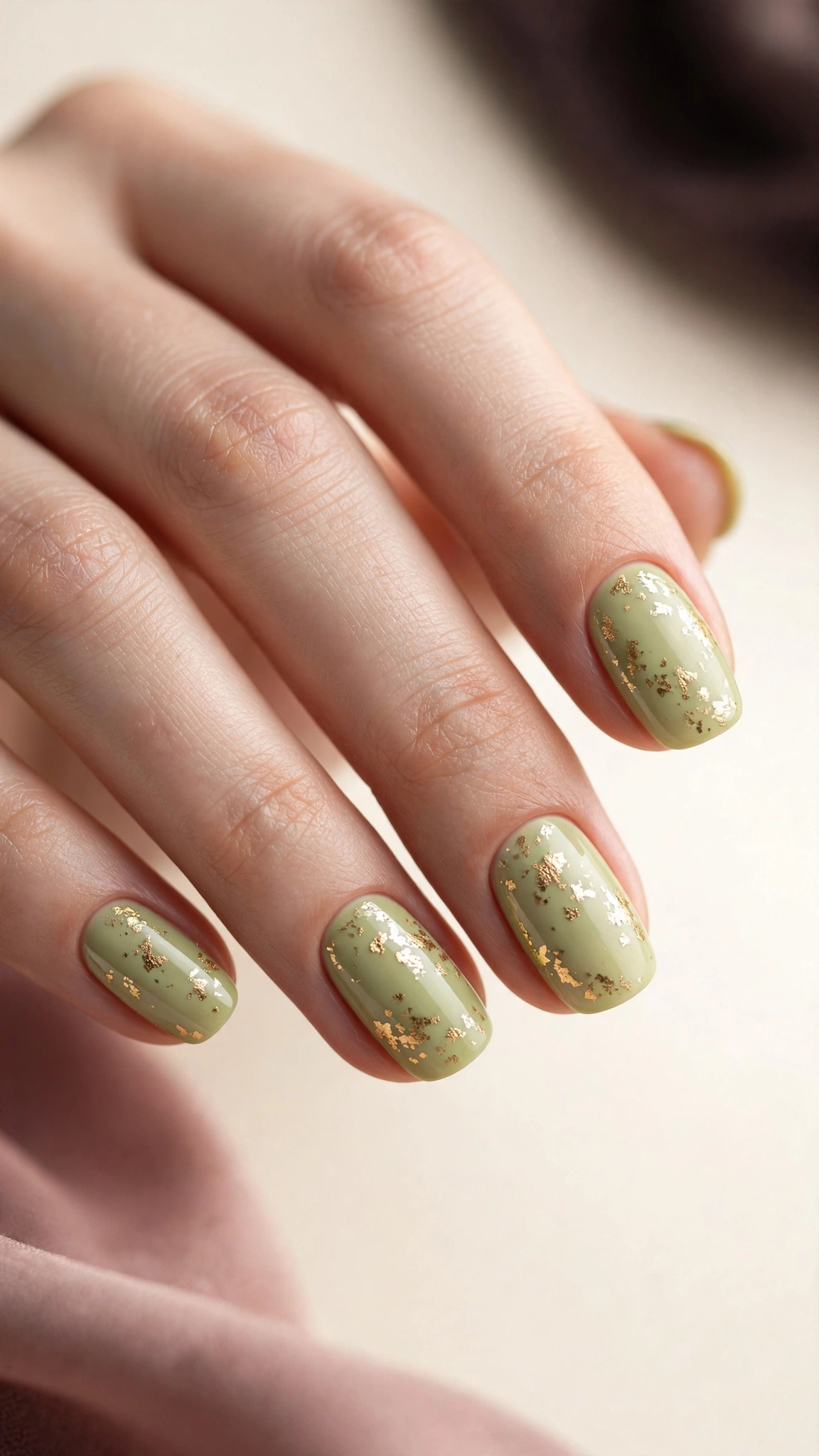 Pistachio green nails with gold foil flakes