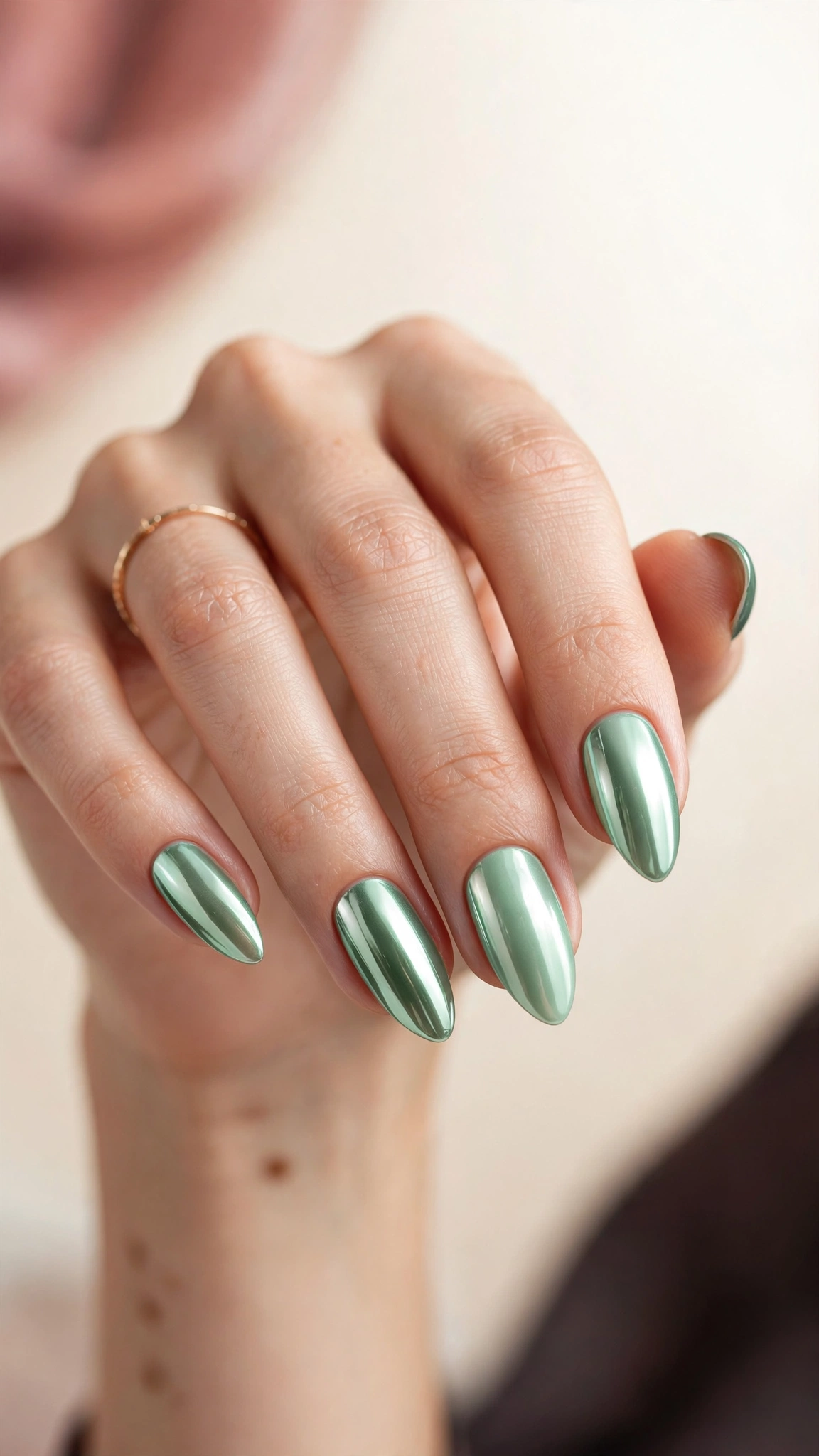 Mint green chrome mirror nails