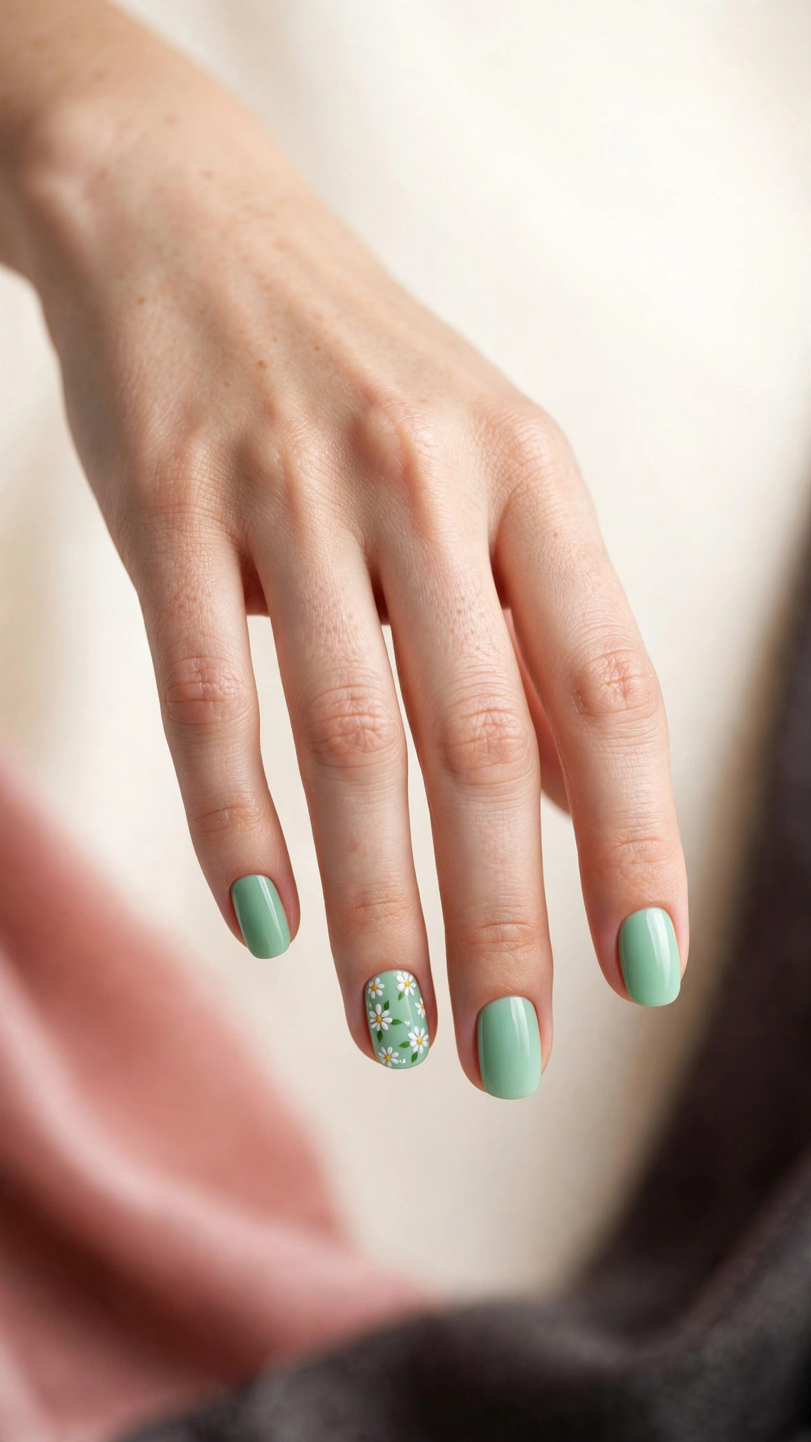 Mint green nails with white daisy accent nail art