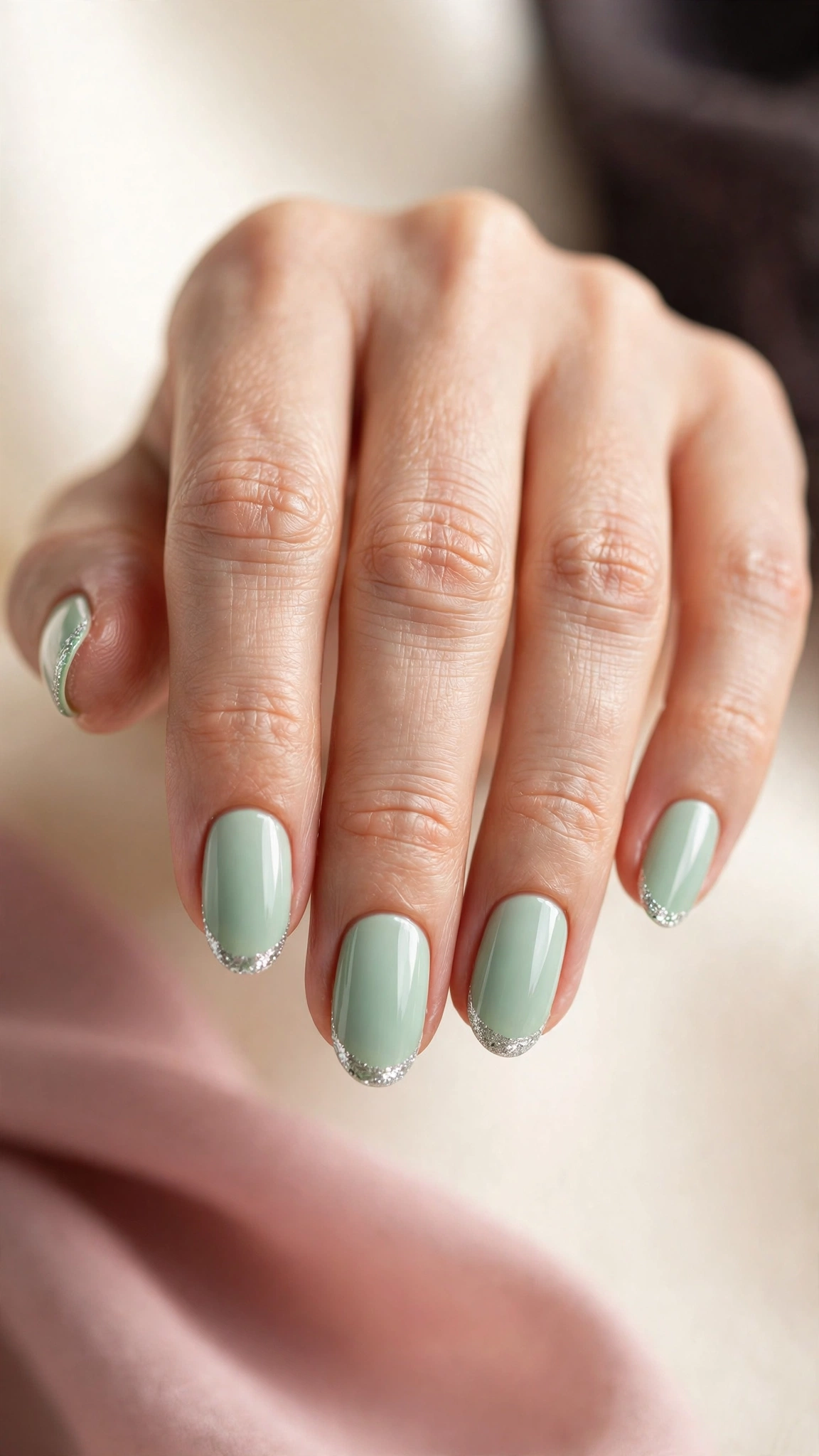 Mint green nails with silver glitter tips