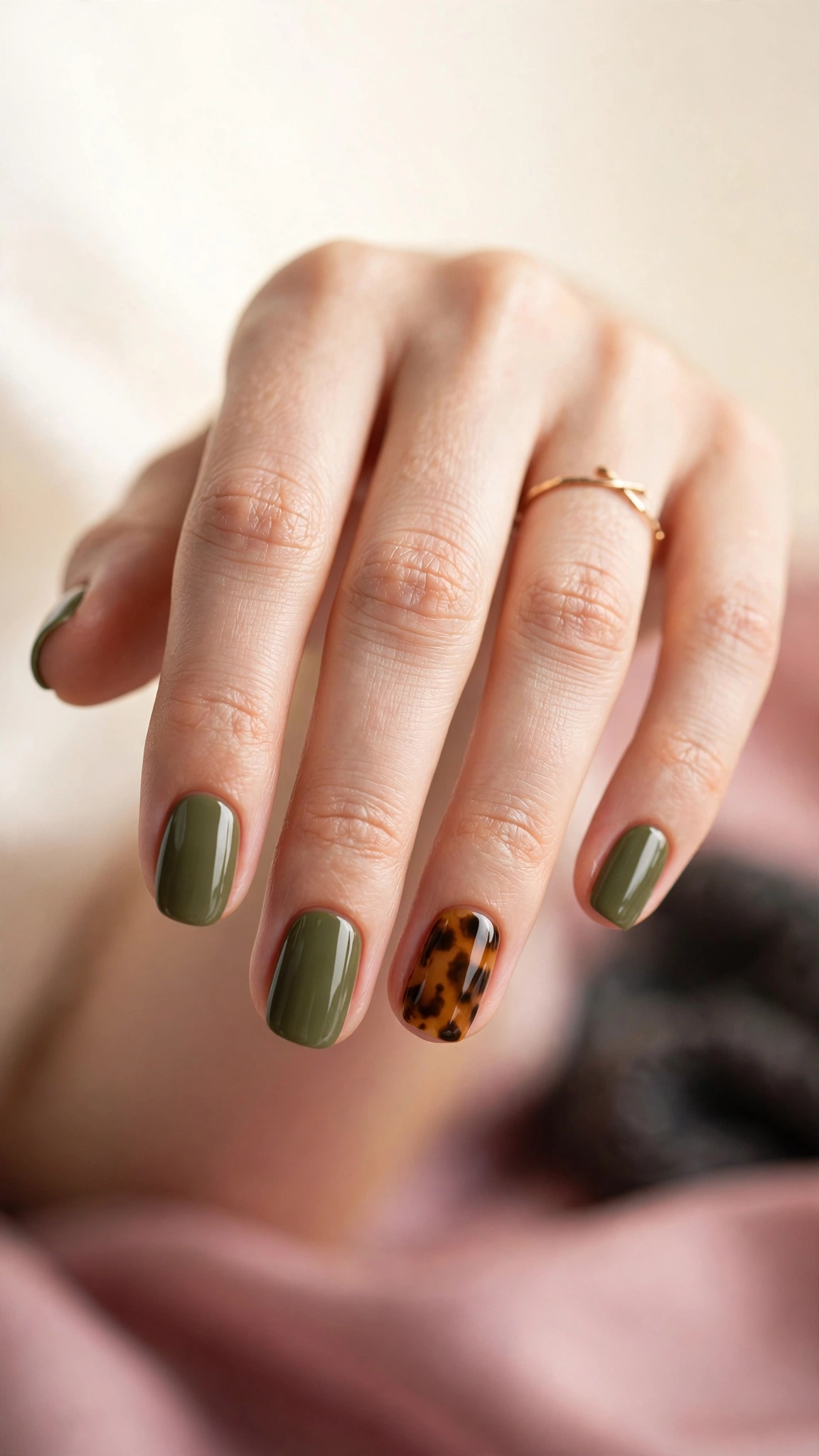 Olive green nails with tortoiseshell accent nail