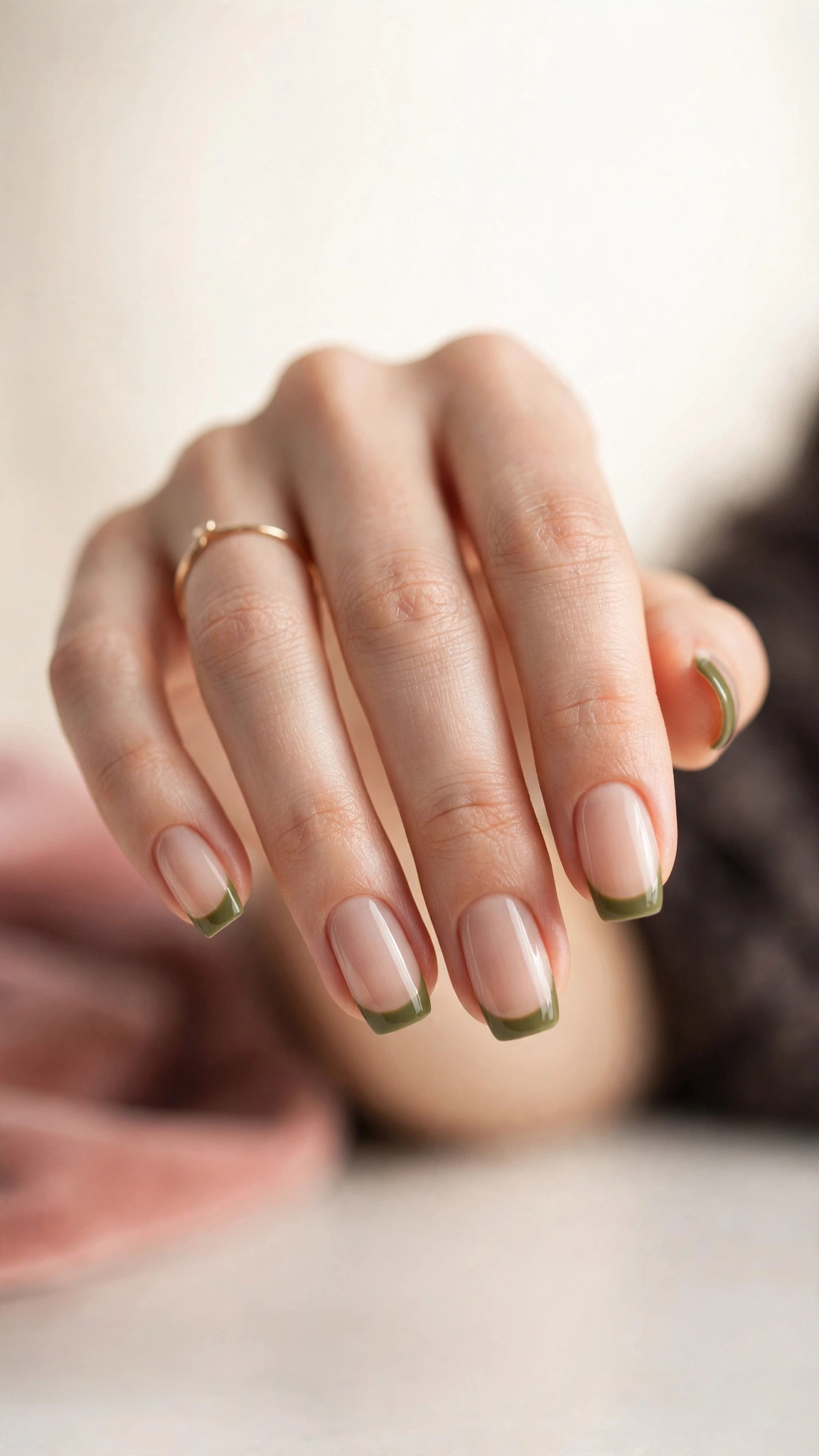 Olive green French tip nails on nude base