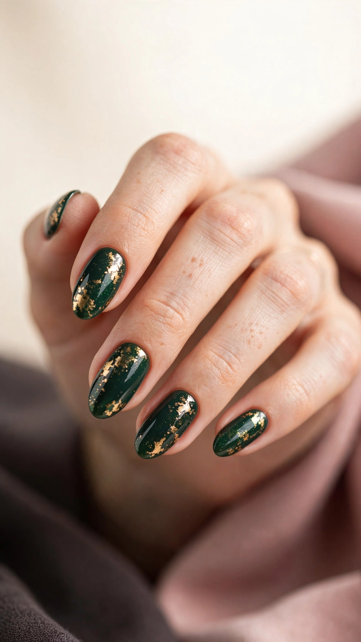 Forest green nails with gold foil flakes