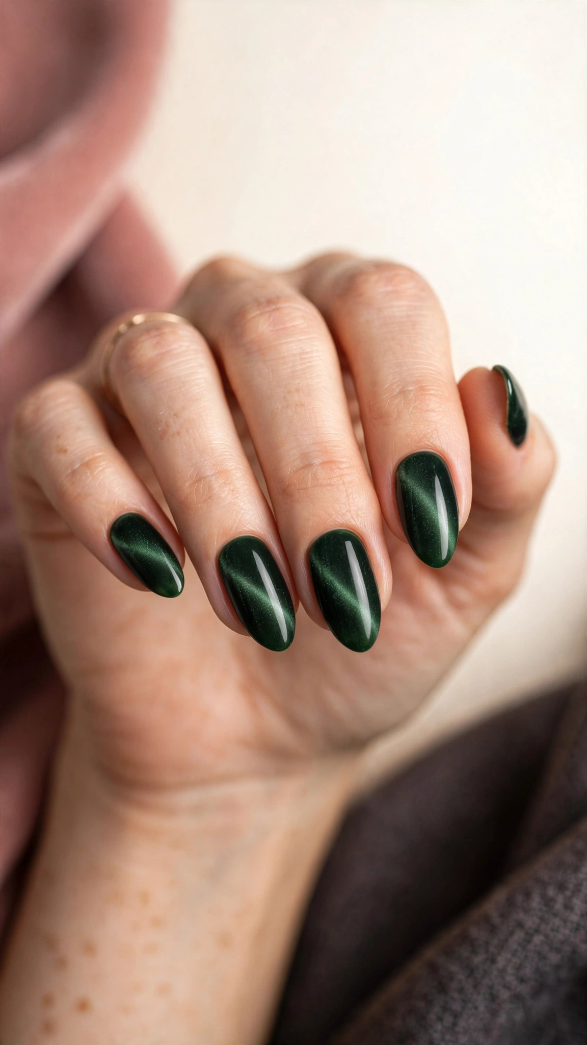 Forest green cat-eye magnetic velvet nails