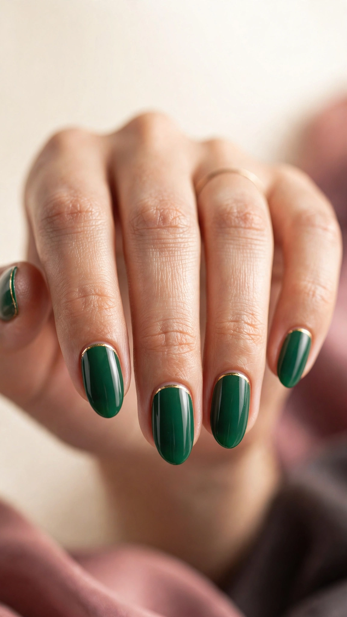Emerald green nails with thin gold cuticle line