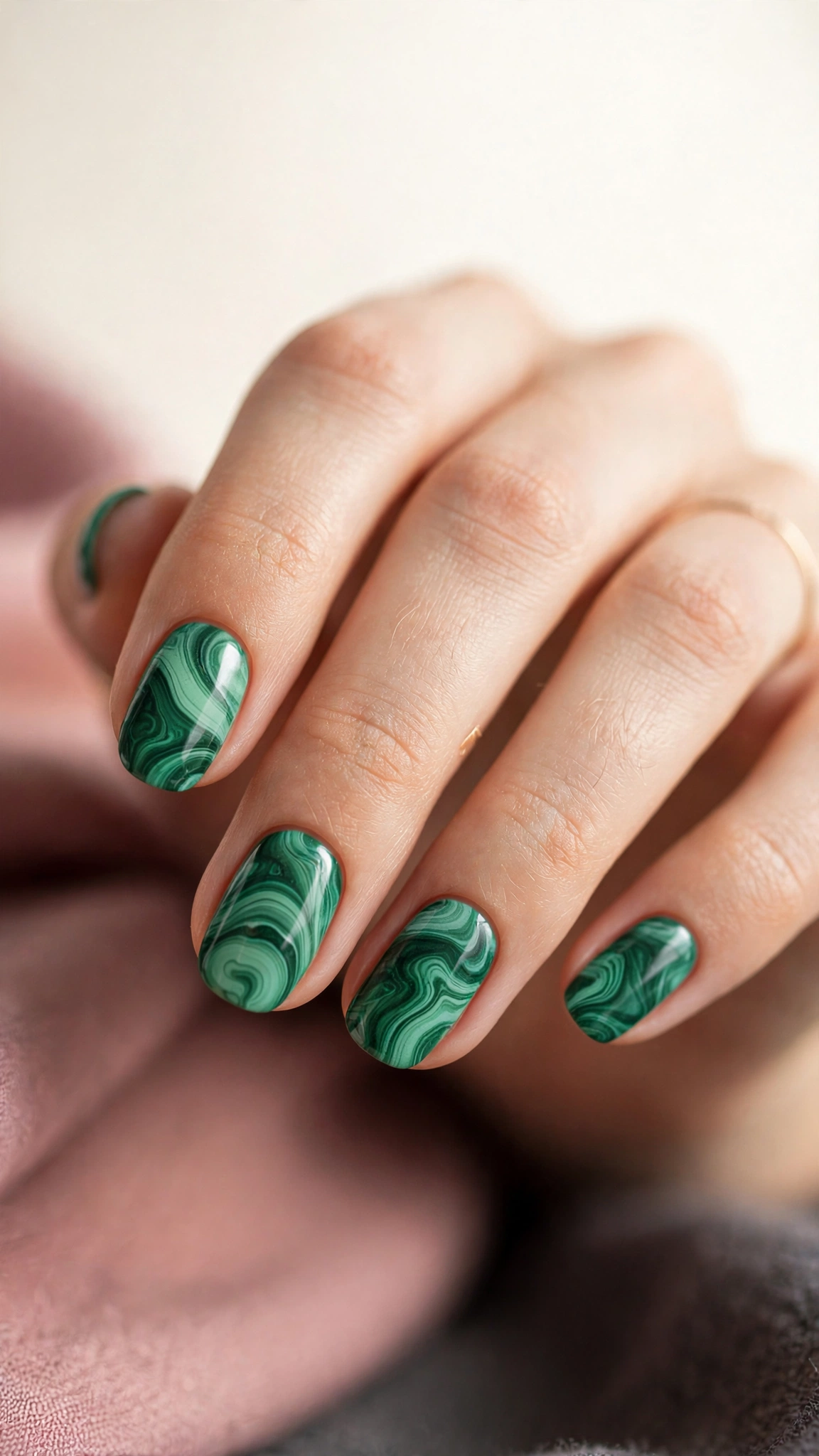 Malachite green swirl stone-effect nails