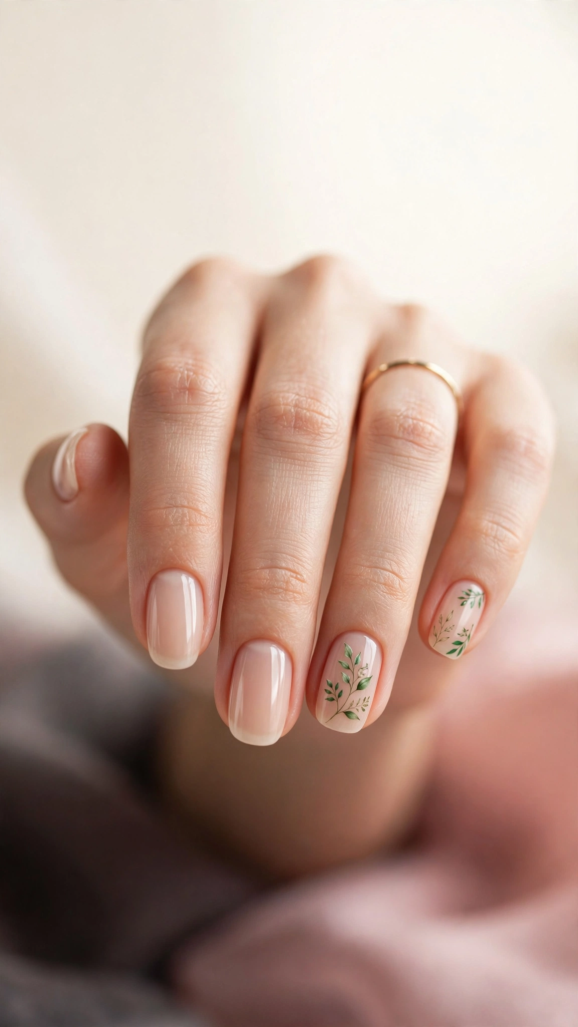 Nude nails with green botanical leaf sprig nail art