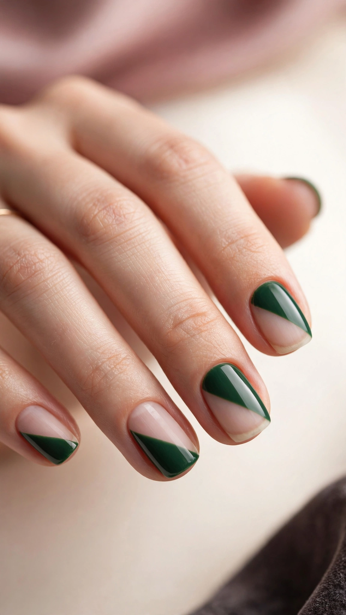 Negative space green nail art with diagonal color block