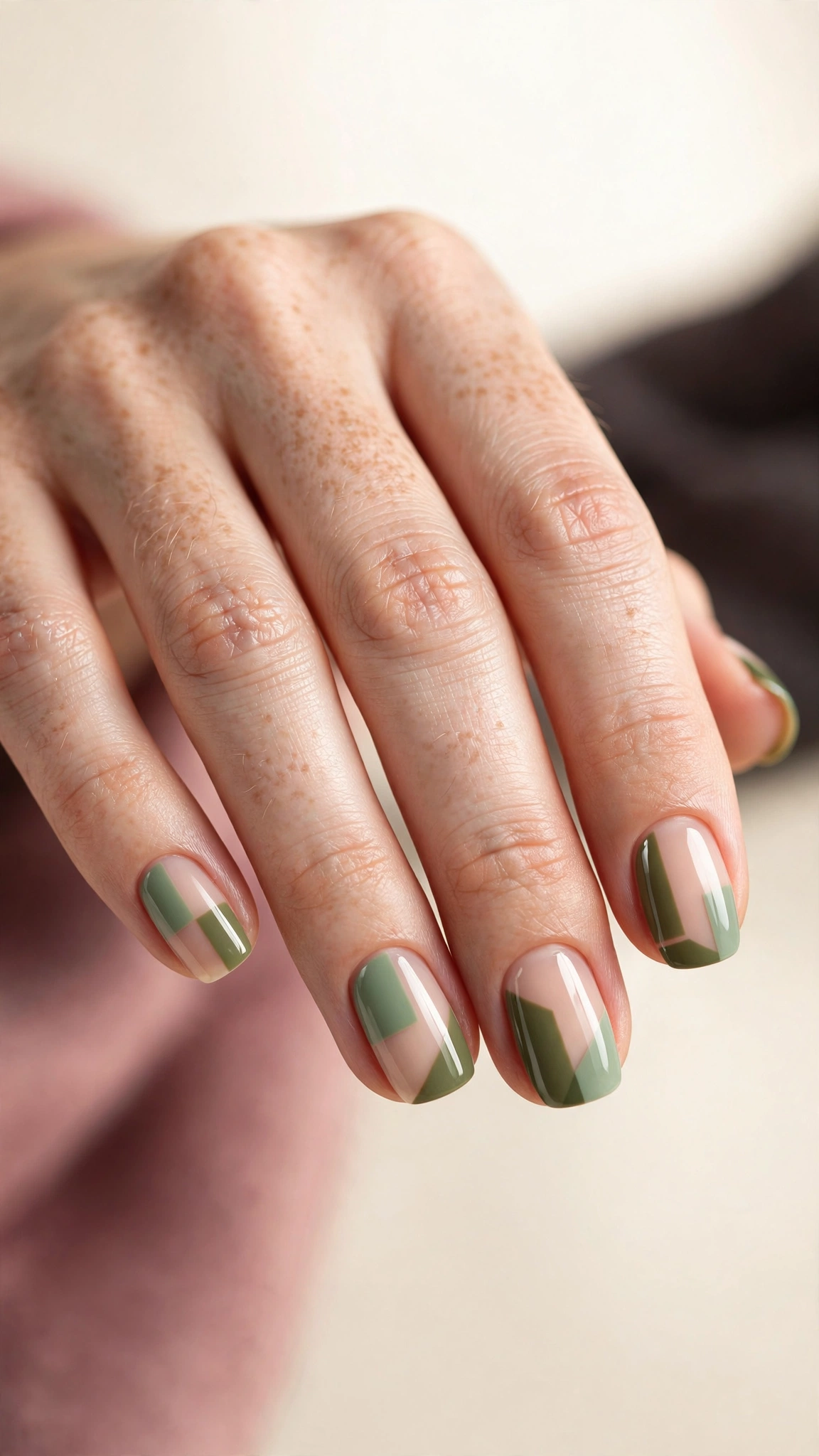 Sage and olive green geometric color block nails on nude base