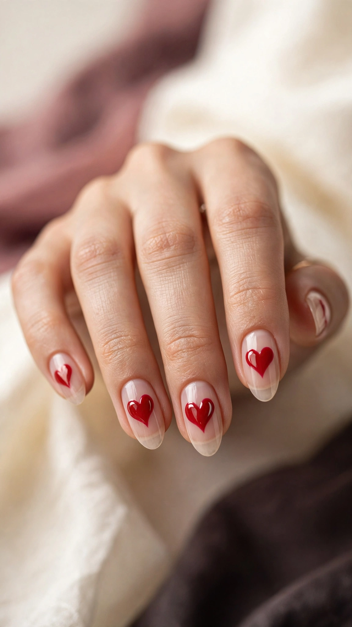 Glossy red hearts on sheer nude nails