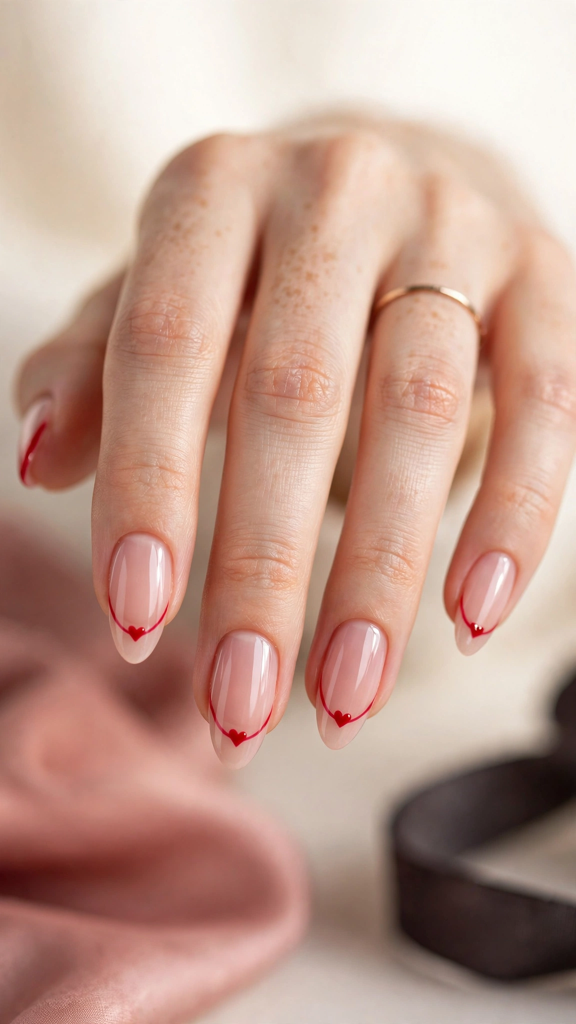 Red heart French tip nails on sheer pink base
