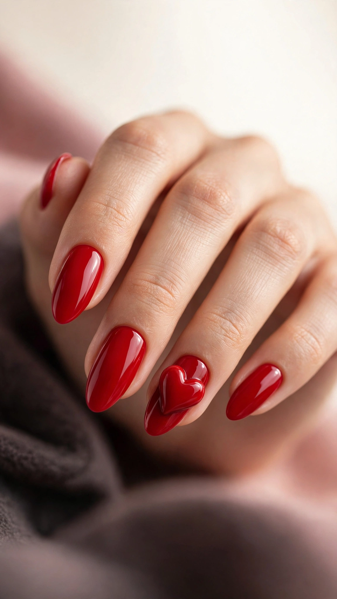 Large red heart accent nail with solid red nails