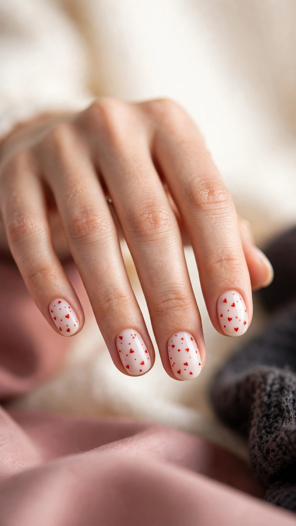 Tiny scattered red hearts on milky white nails