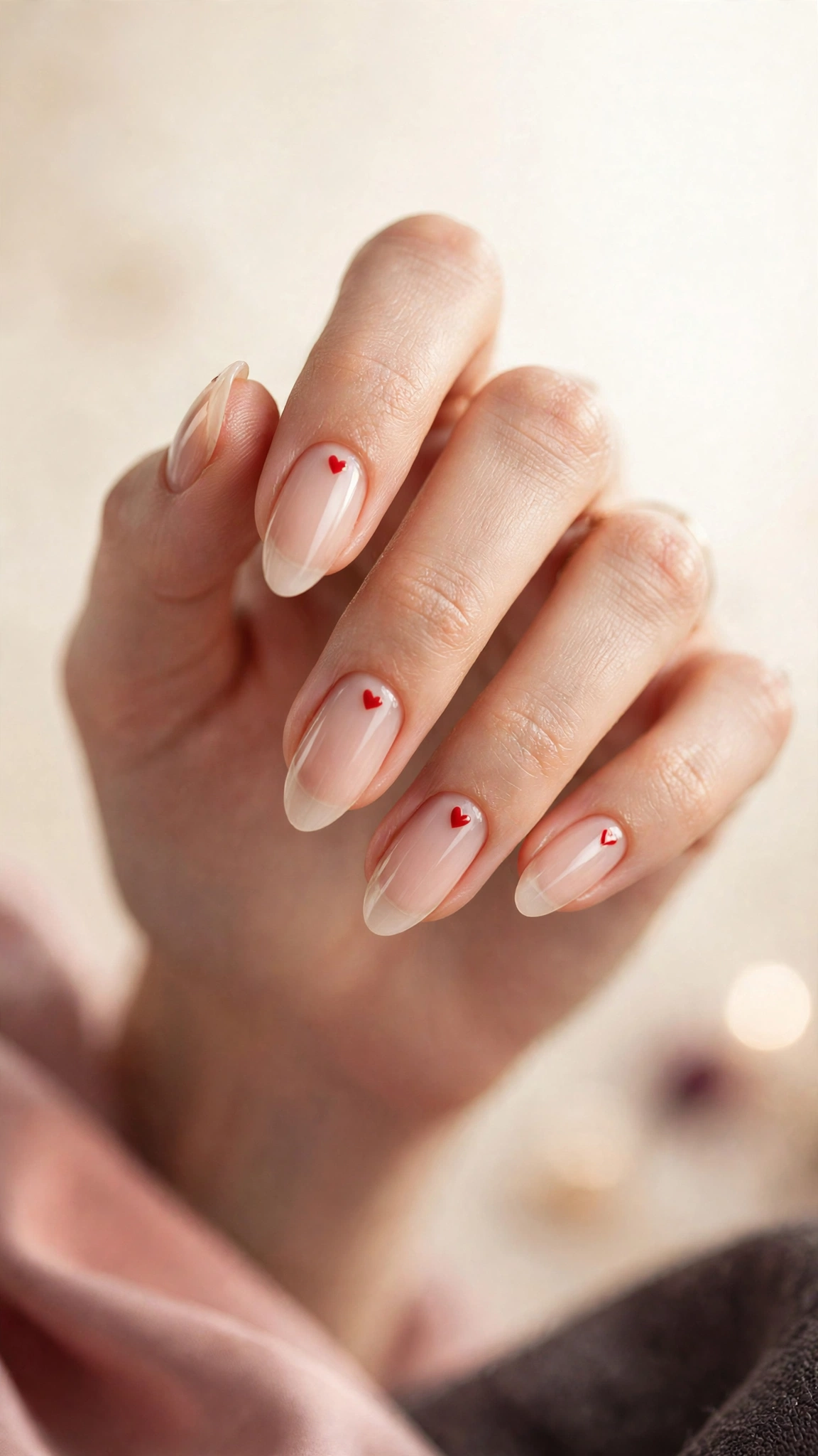 Small red hearts above cuticles on nude nails