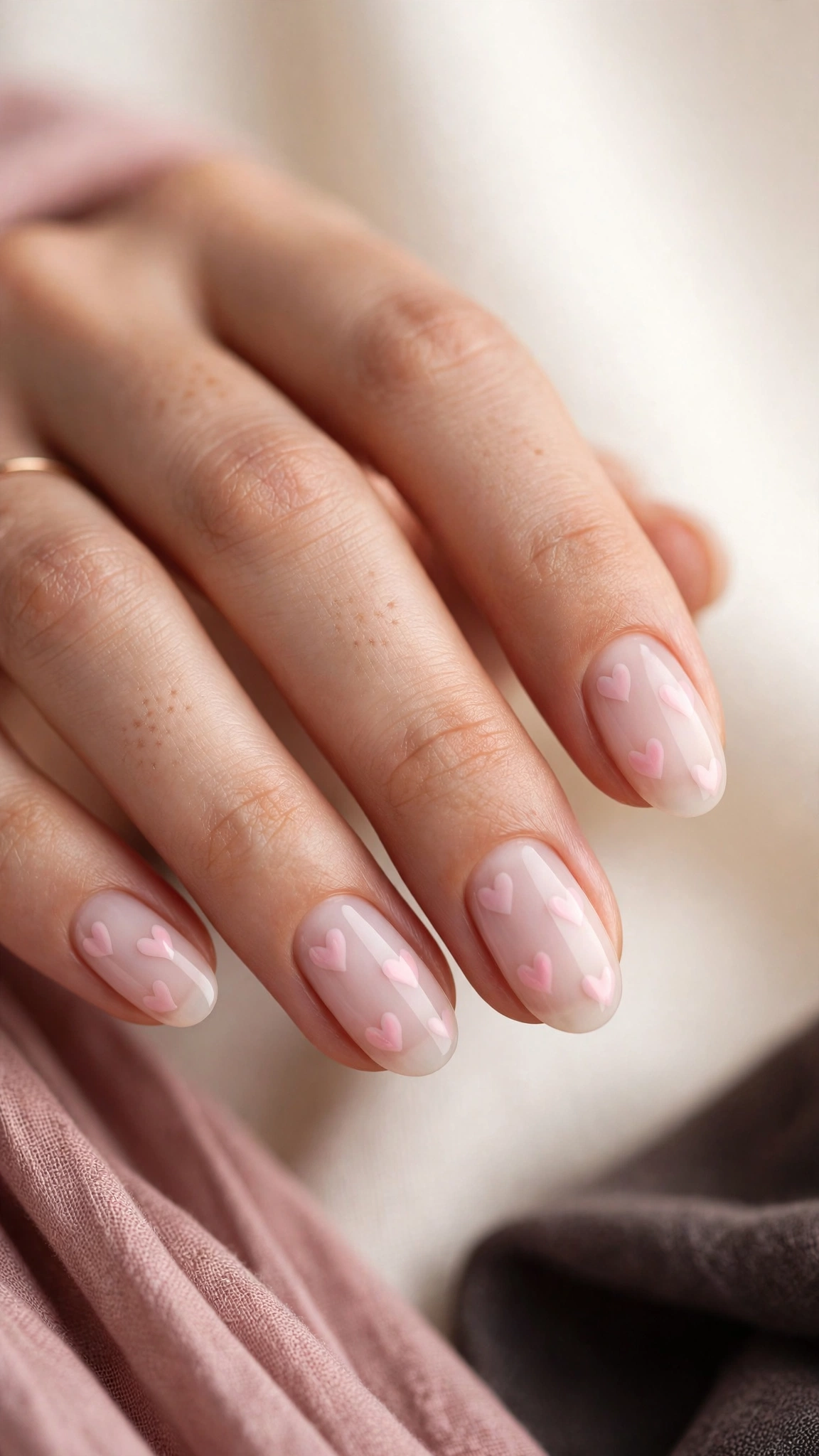Baby pink hearts on milky sheer nails