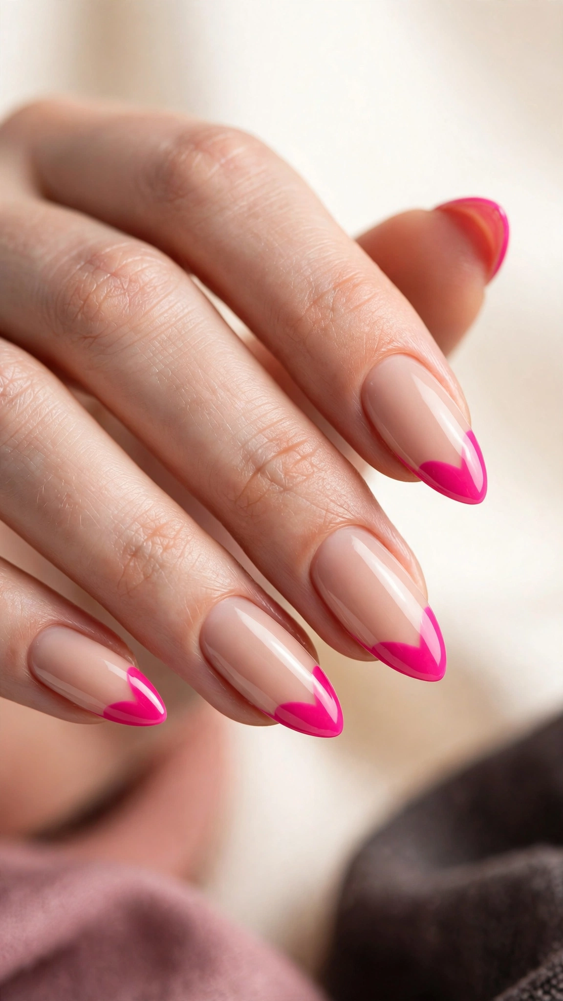 Hot pink heart tips over nude base nails
