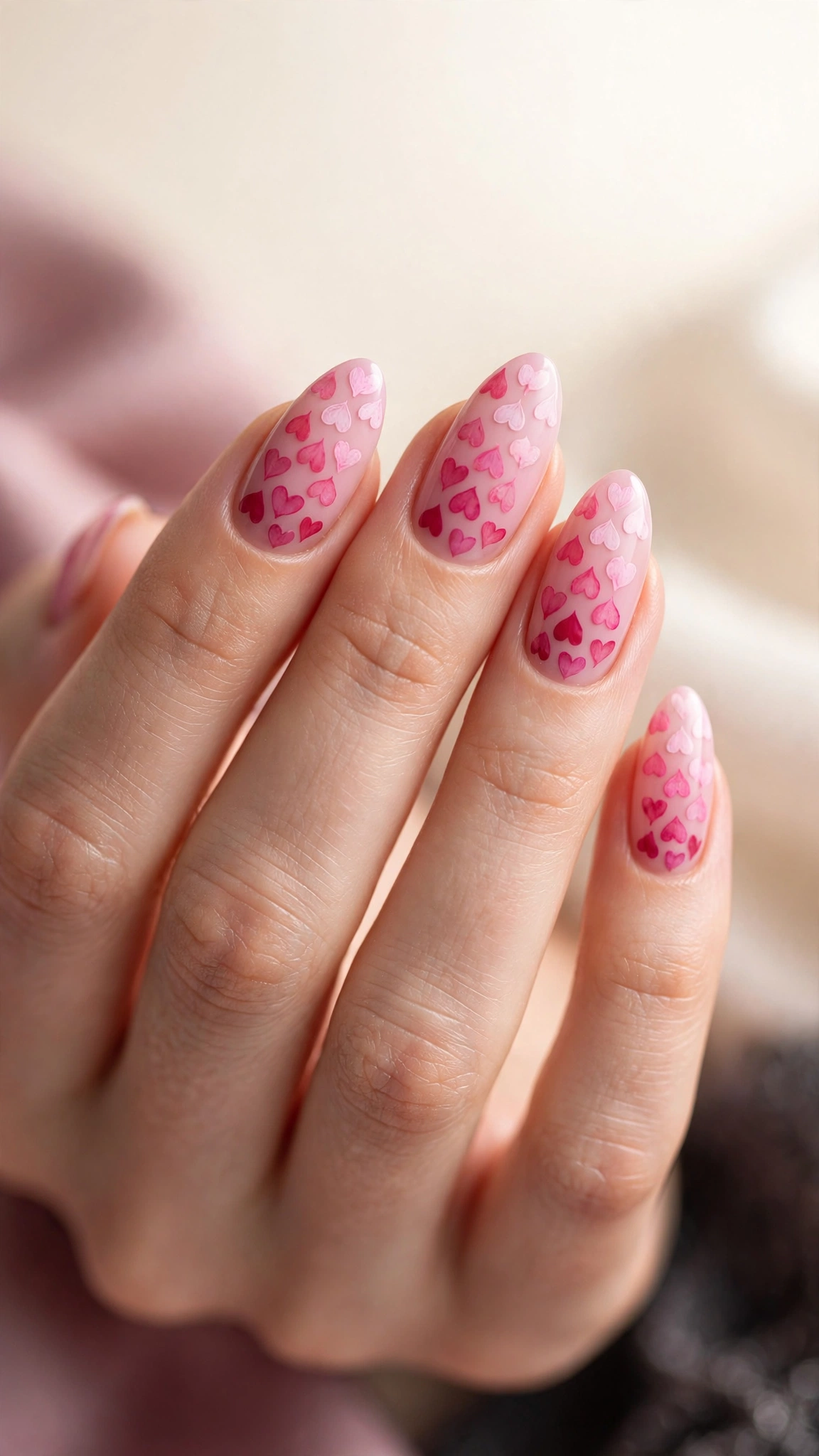 Pink ombre gradient hearts on nails