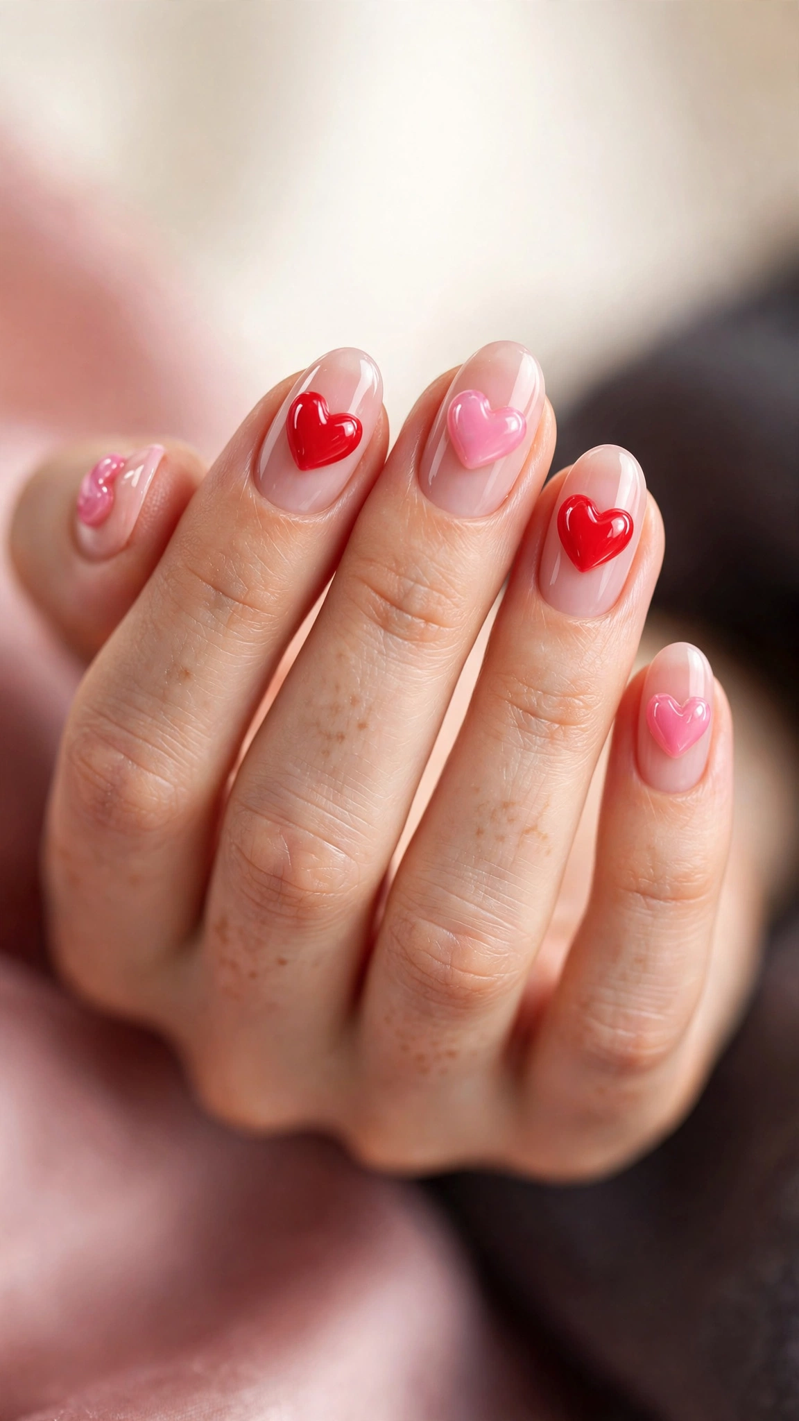 Mixed pink and red hearts nail art