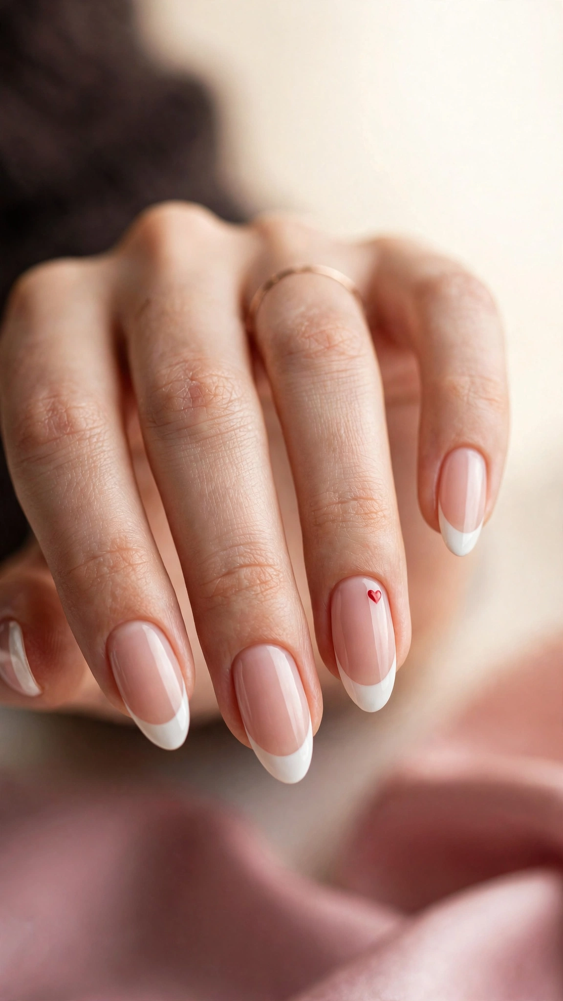 White French manicure with tiny red heart accent