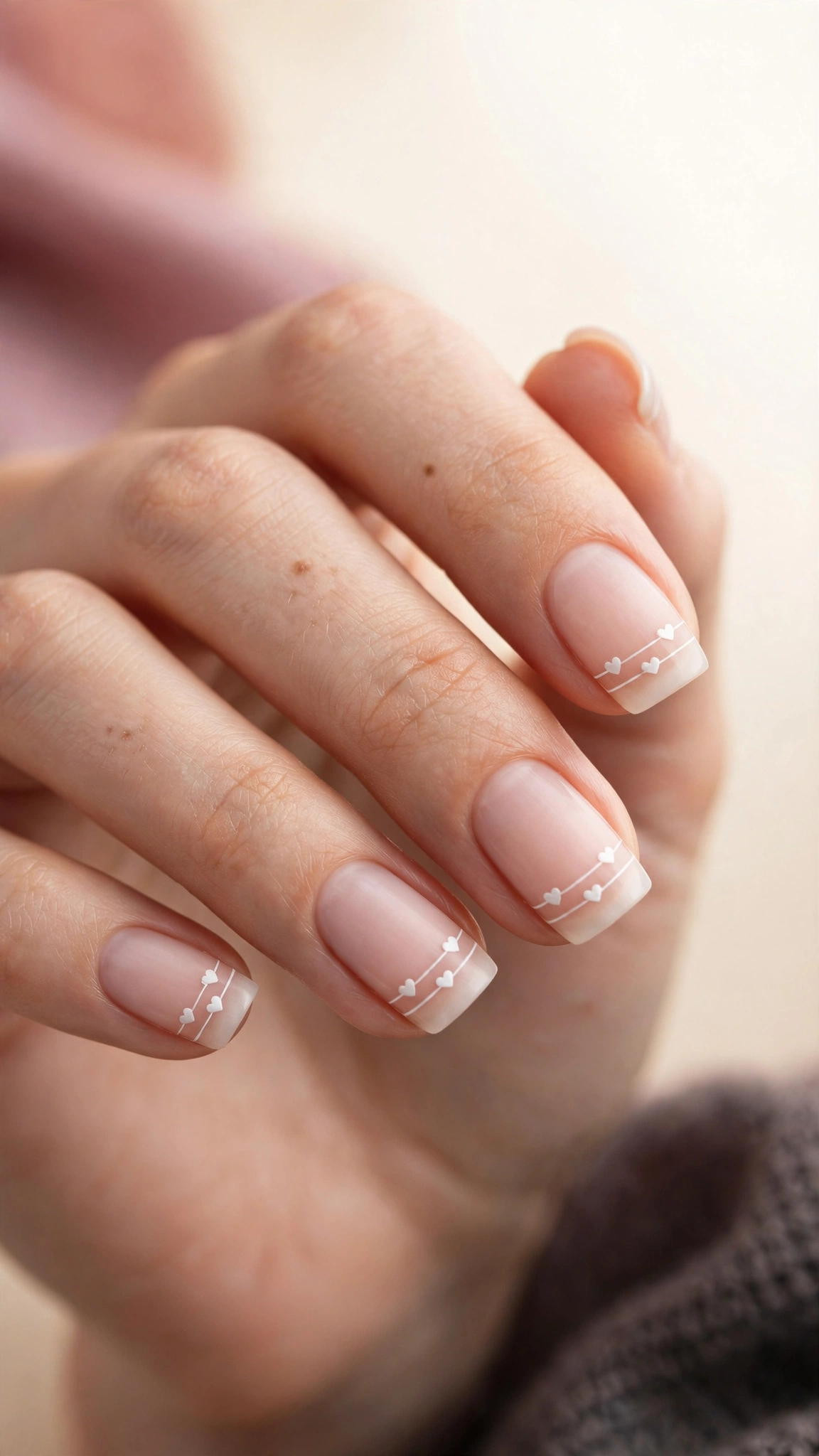 Double line French nails with small floating hearts