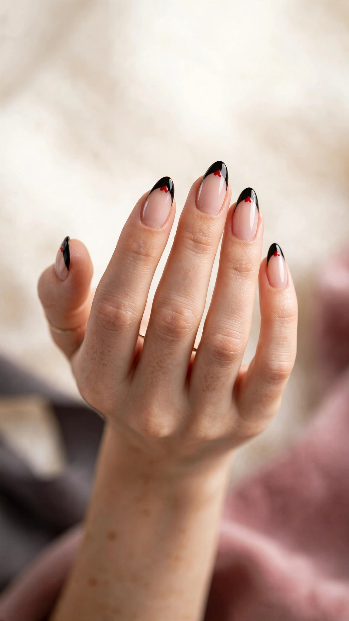 Black French tips with red heart accents