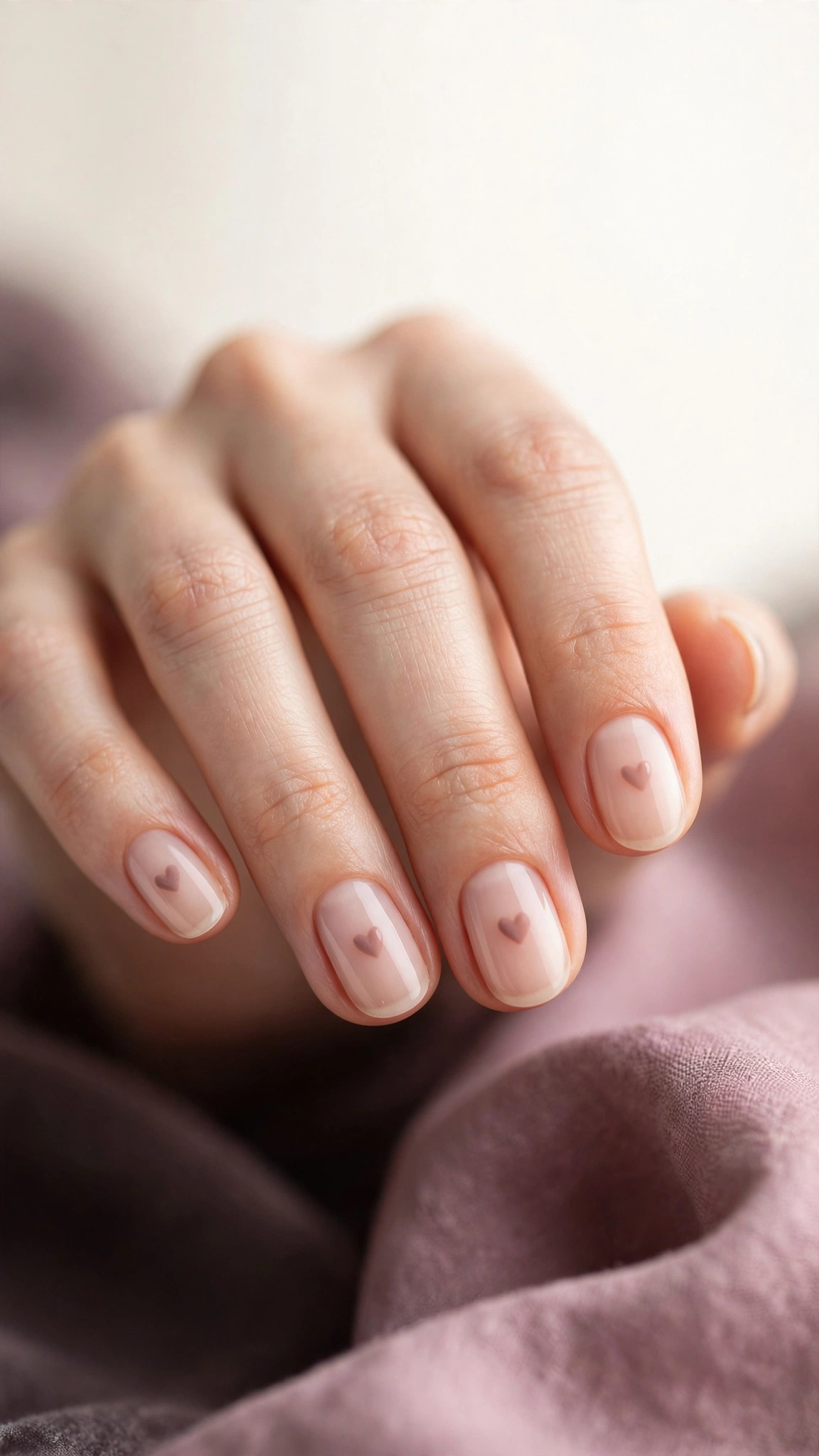 Single tiny heart centered on sheer nude nails