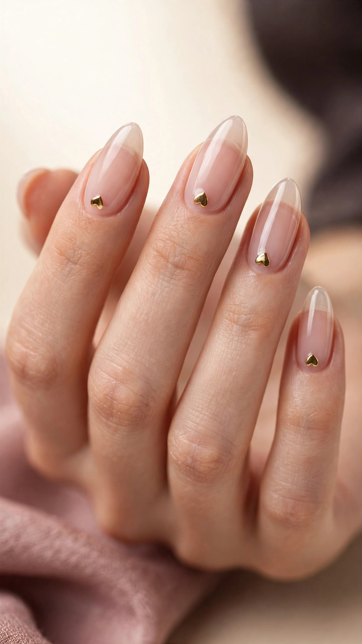 Gold heart accents at cuticles on sheer nails