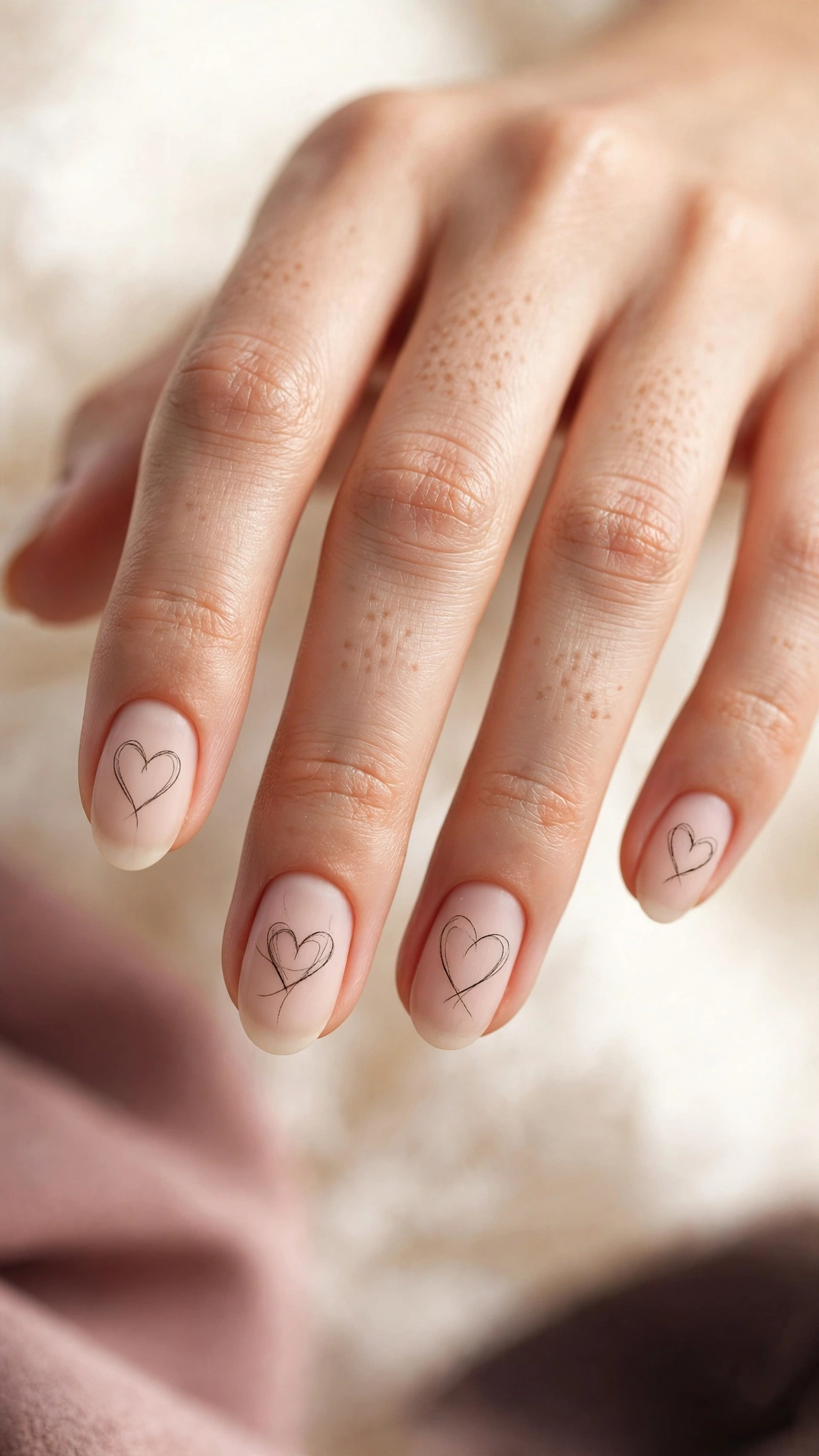 Black line art heart outlines on nude nails