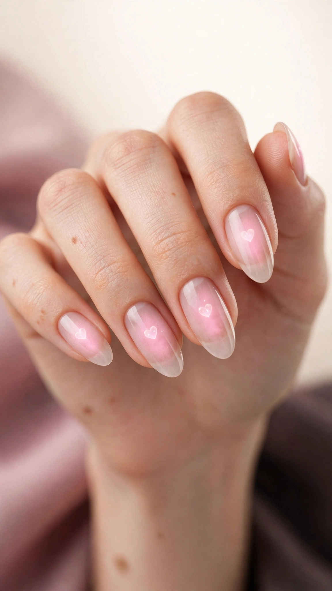 Sheer pink aura with tiny heart on minimal nails