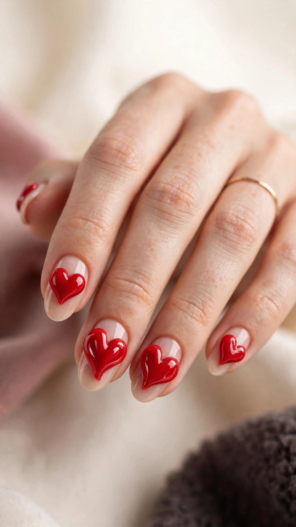 Sculpted 3D red hearts on glossy nails