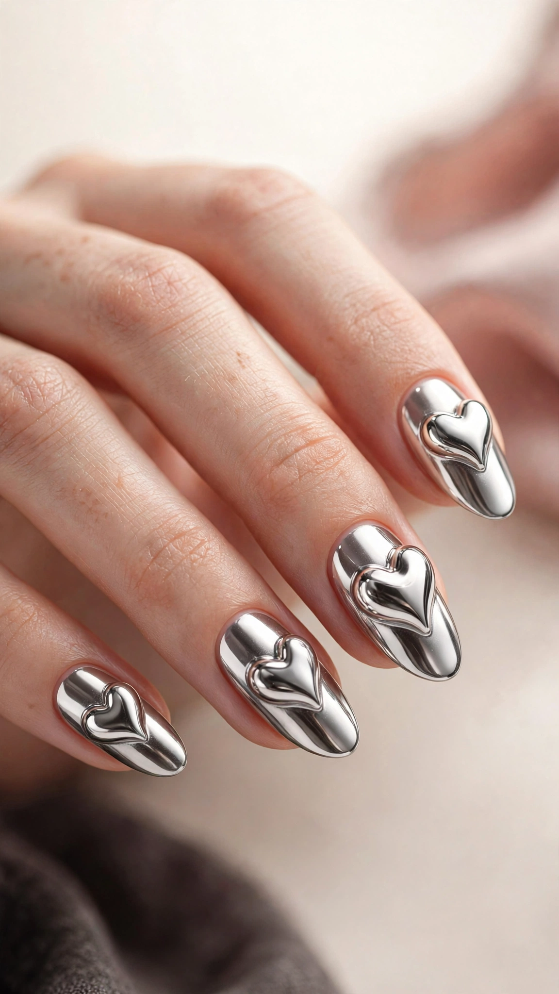 Silver chrome 3D sculpted hearts on nails