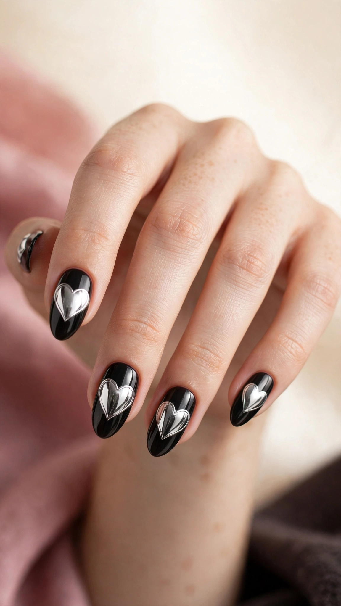 Silver mirror hearts on black nails