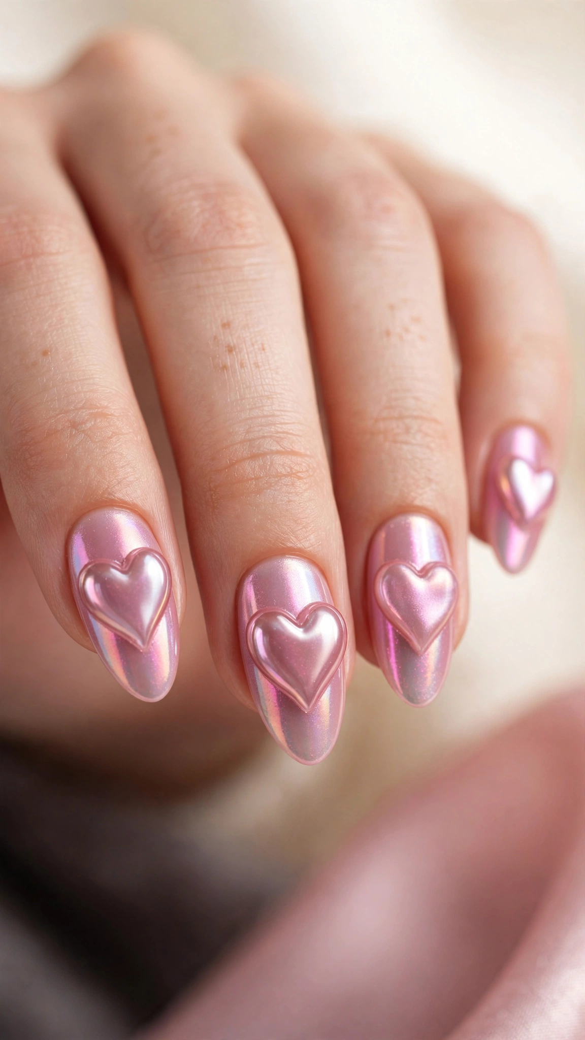 Pink glazed chrome hearts on nails