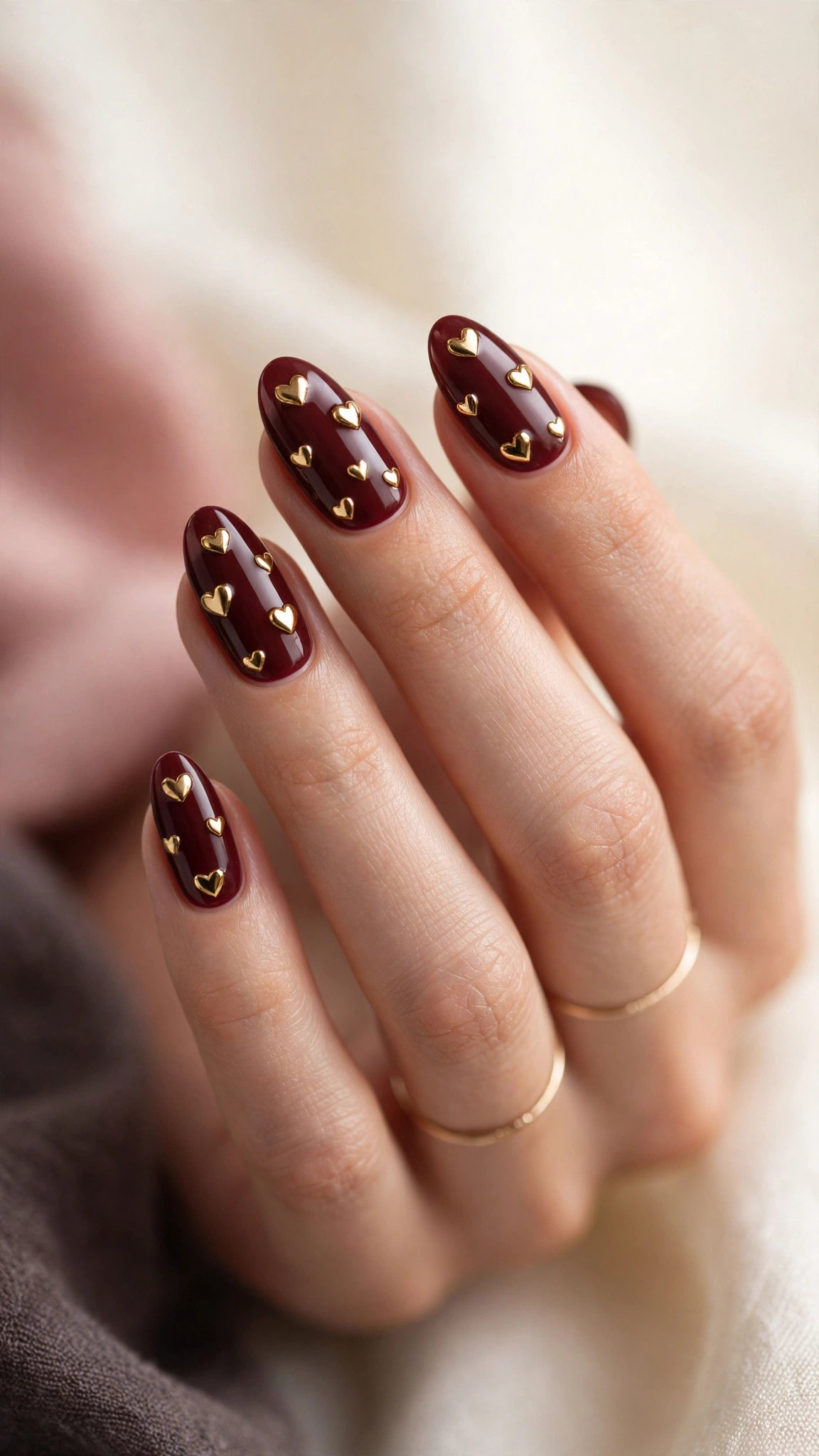 Gold chrome heart accents on burgundy nails