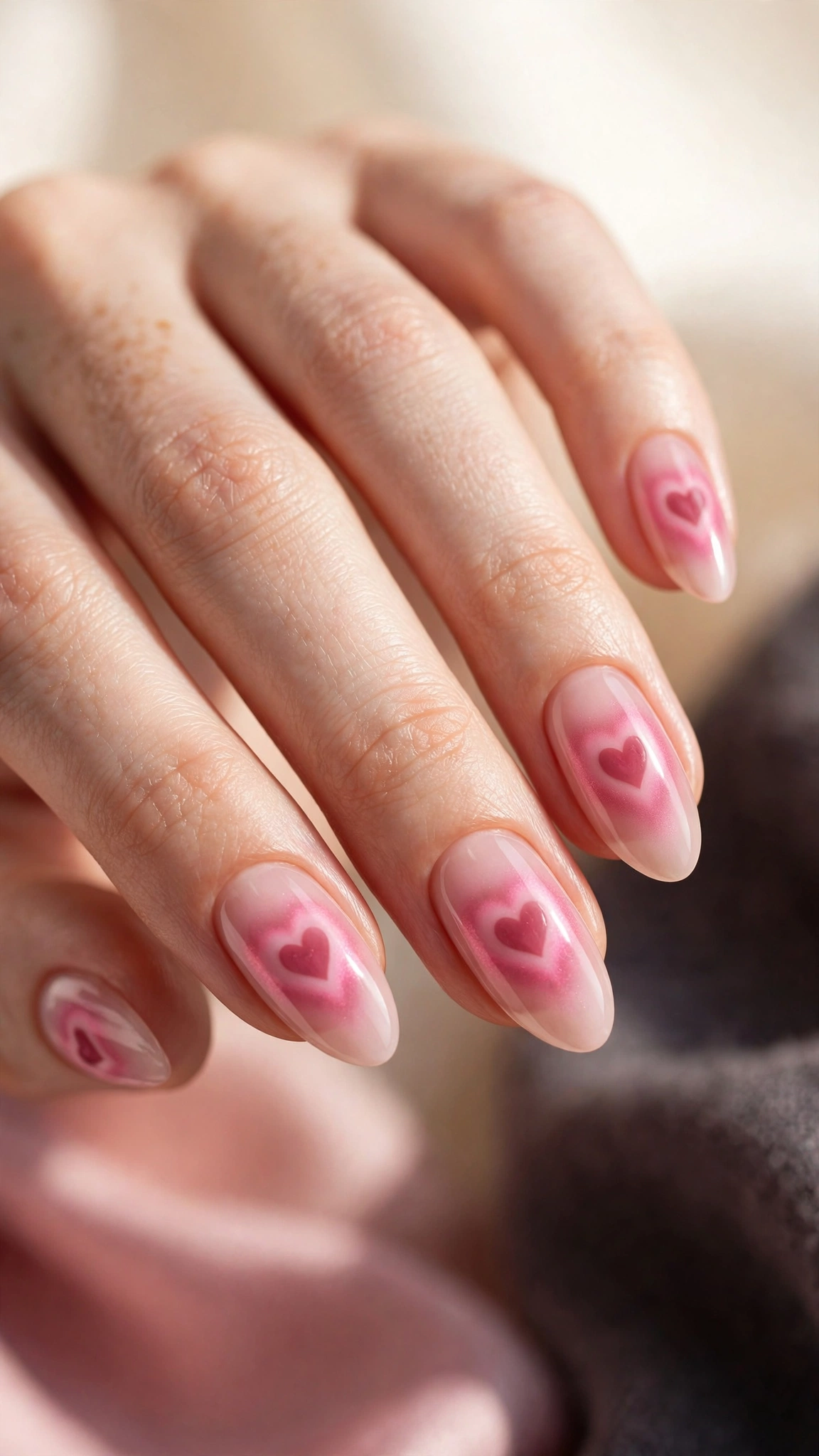Pink aura nails with nested pink hearts