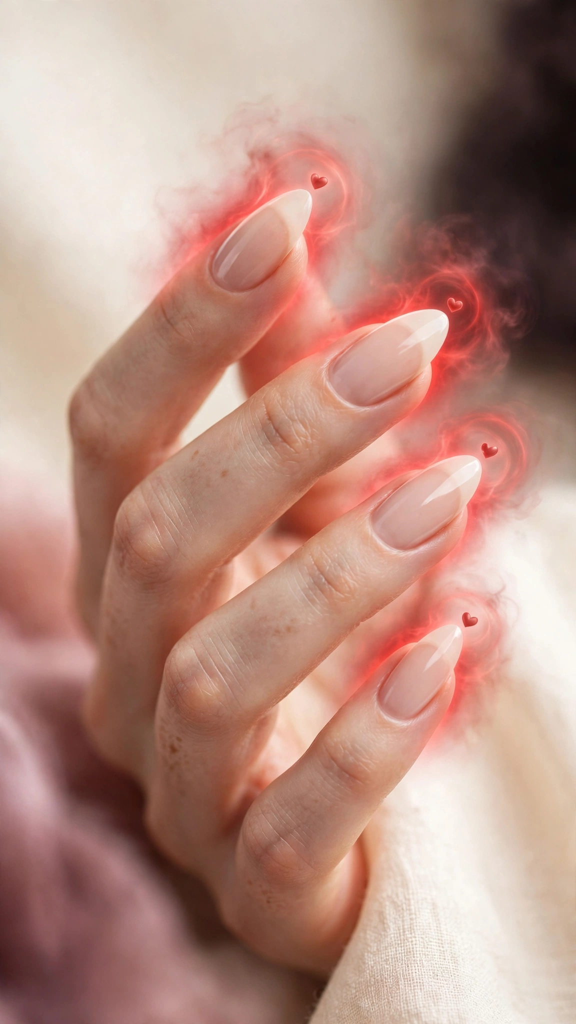 Red aura halo nails with tiny red hearts