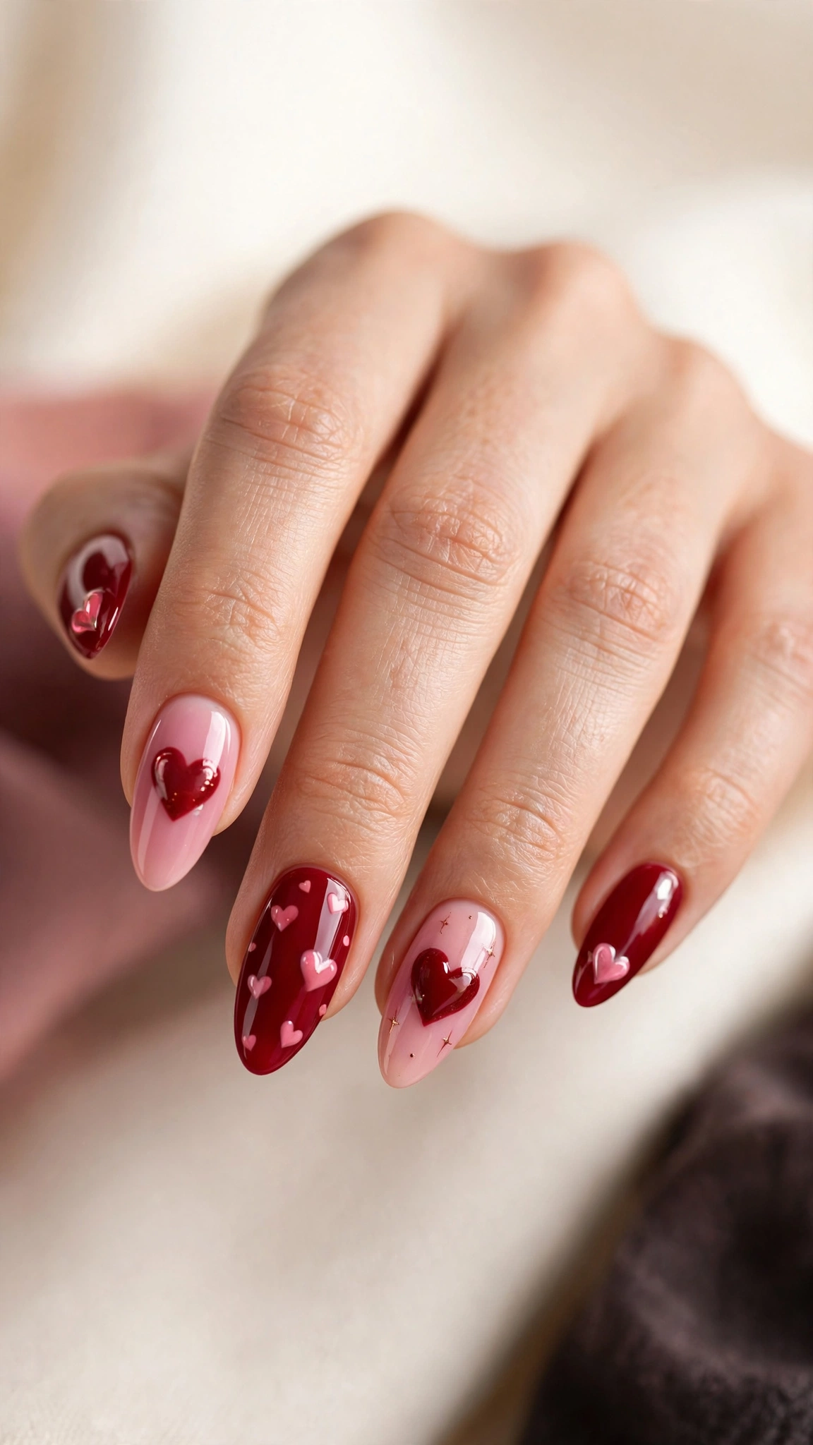 Valentines Day red and pink heart nails on almond shape