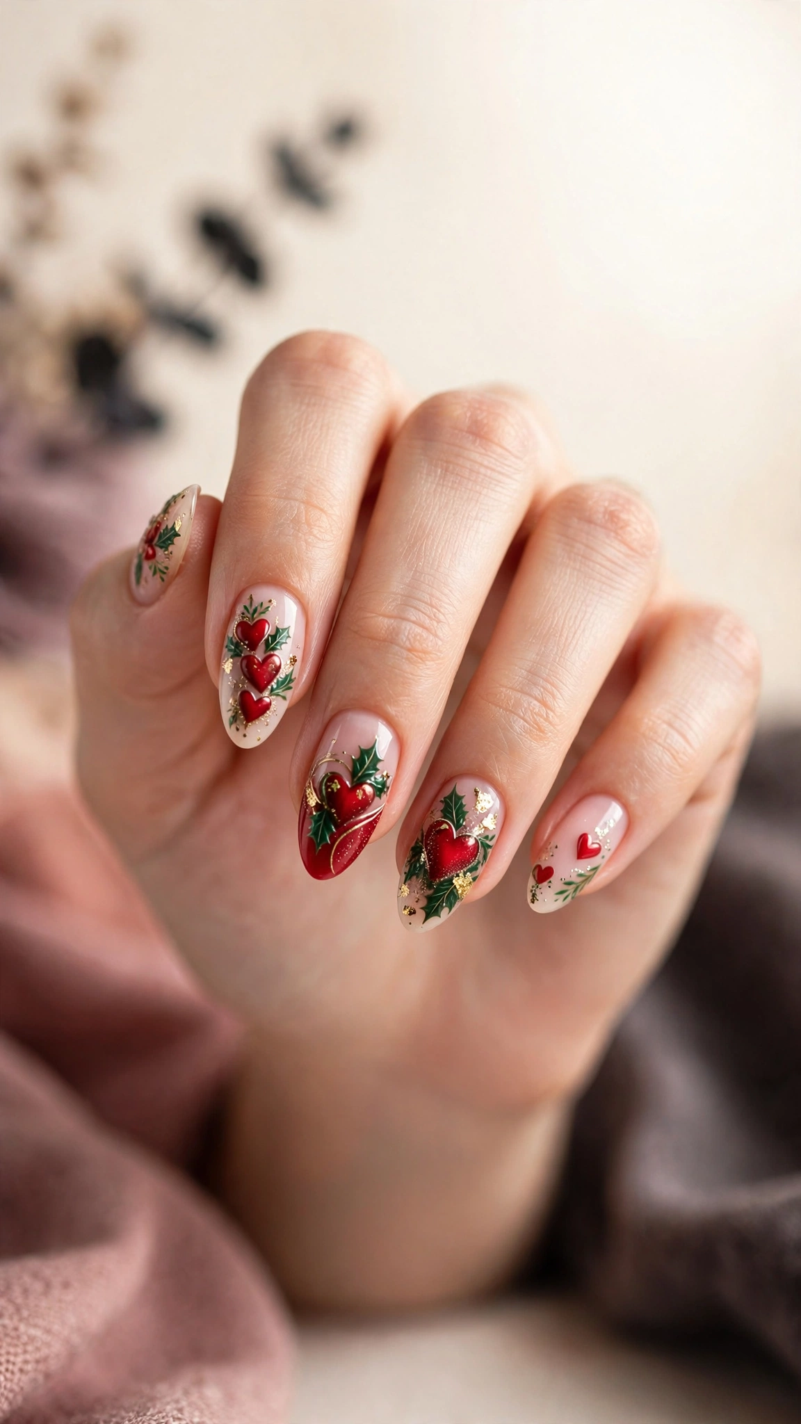 Christmas red hearts with green and gold nail accents