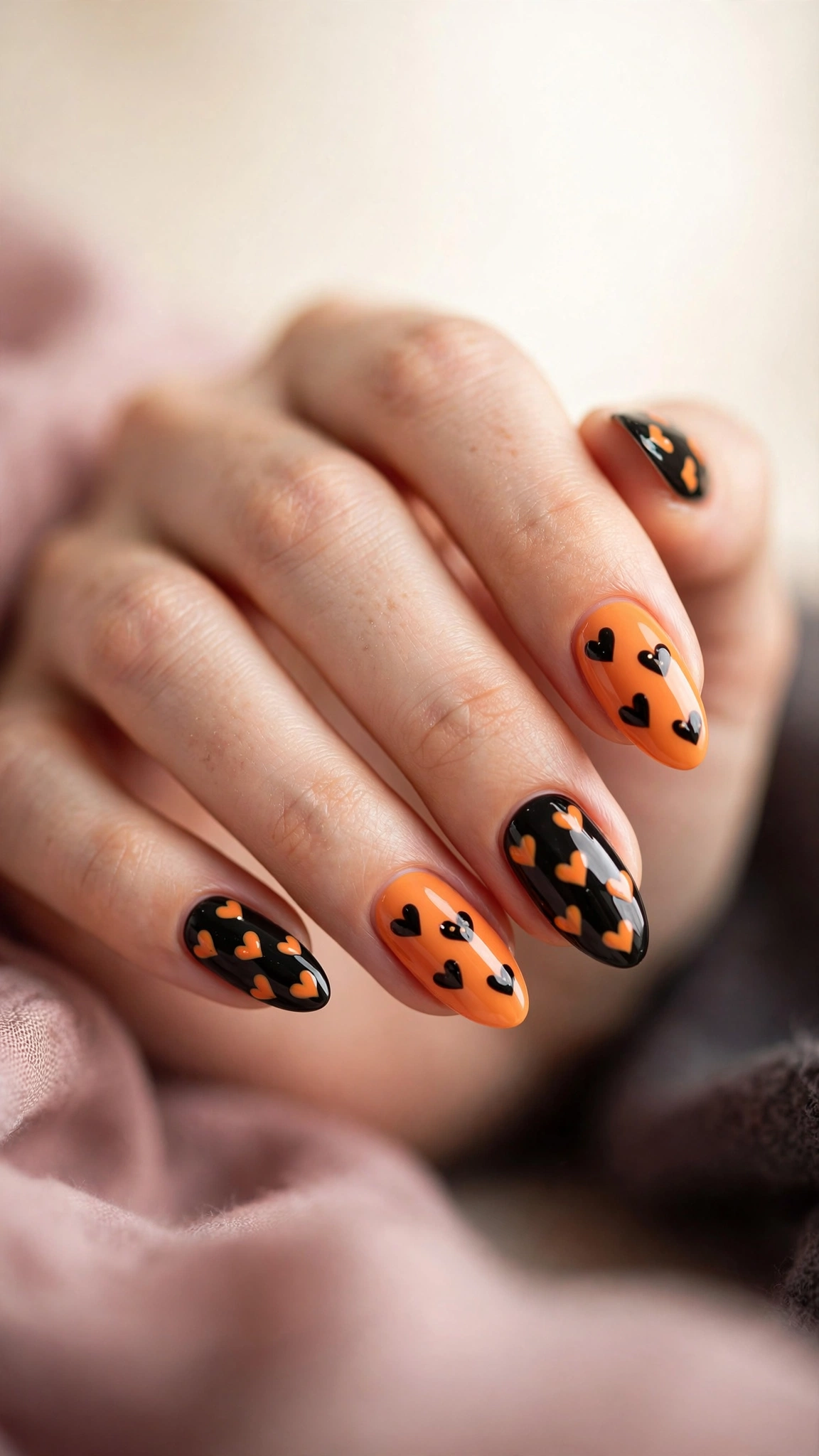 Halloween black and orange heart nails